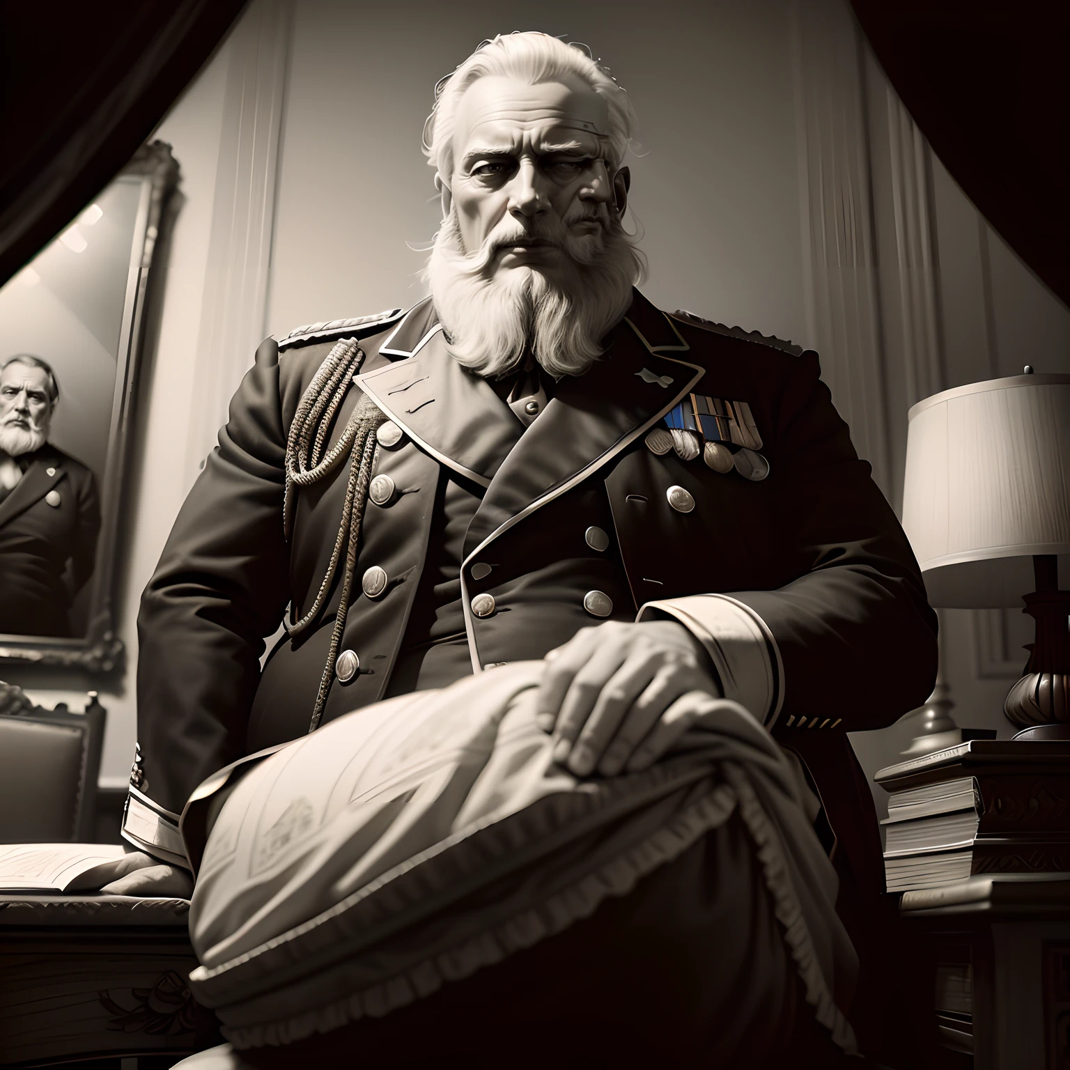 An antique bust photographic portrait already with time stamps and grooves in black and white sepia style from the 1850s shows a 65-year-old president, already weakened by age and slightly overweight, usando um cerimonial, Napoleonic-style military marshal unifofme and a large gray beard posing sitting in an office supporting his arms on the neoclassical desk of a palace.