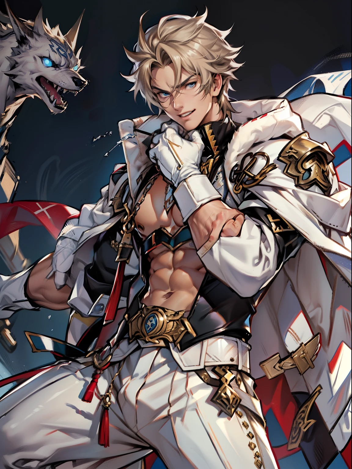 tmasterpiece,Best quality at best,(Genshin Impact),mitts,Bulging muscles,(white business suit,White underwear,tiese)Pectoral muscle bulge,White gloves,Abs,malefocus,1boy,White gloves,独奏,Brown hair,Blue eyes,blue capelet,hair between eye,((Bulging crotch)),Sexy,(Masterpiece, Best quality),(white business suit),self-assured,having fun,big laughter,white pantie, stand-up collared shirt, tiese, waistcoat, Open thickened glossy white leather jacket, Eight-pack abs, White leather mobile phone gloves, White trousers, Leather belt, spreading long thin legs, The erection,Masturbation,