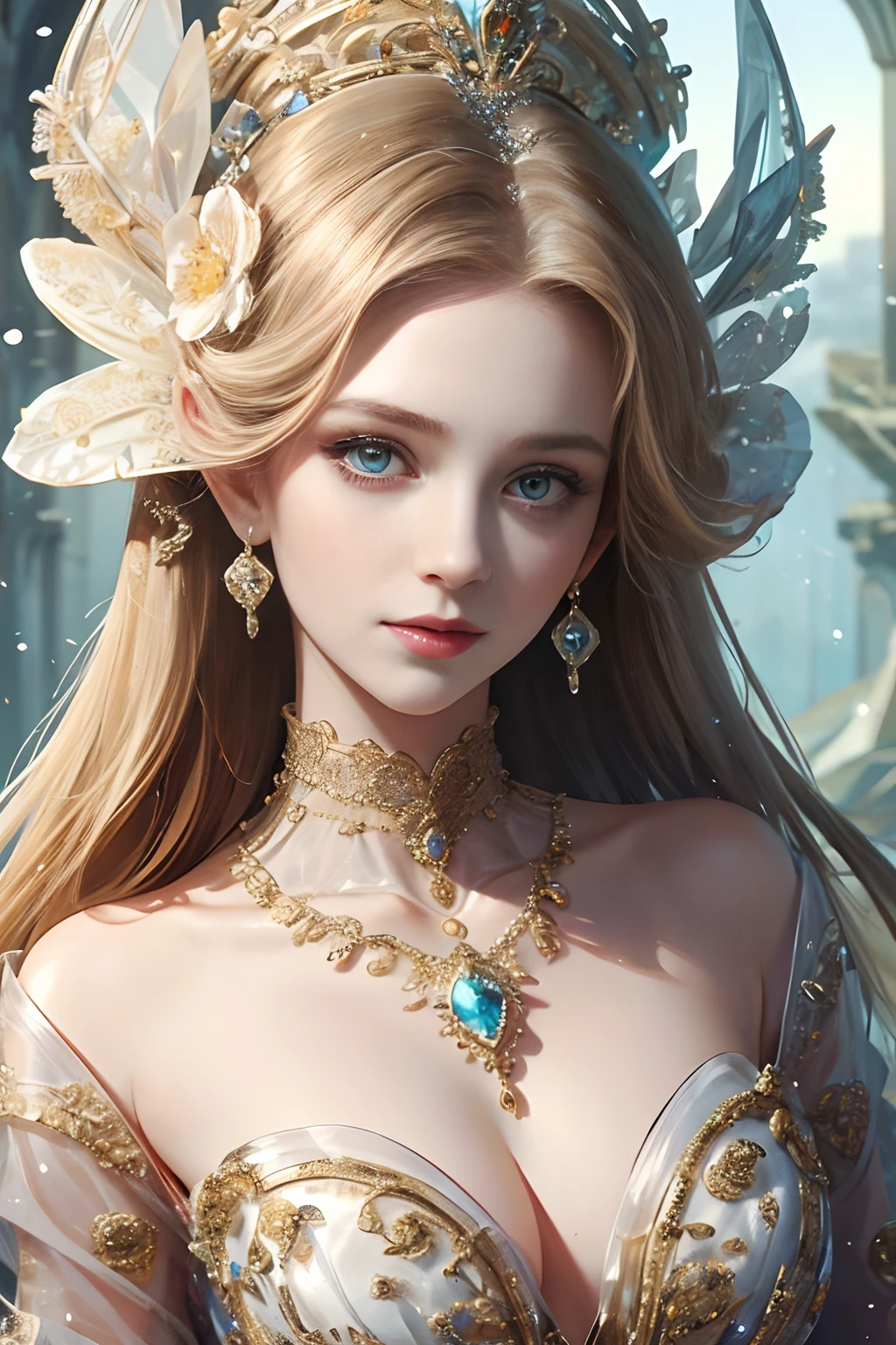 masterpiece,Highest high resolution,Dynamic bust of beautiful royal lady,Long white hairstyle,Amber clear eyes,The hair is covered with beautiful and delicate floral craftsmanship, Crystal jewelry filigree,Ultra-detailed details,upscaled。