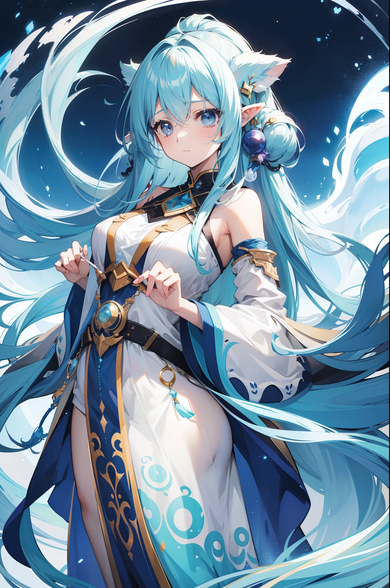a shy female cosmic druid with long flowing blue gradient hair