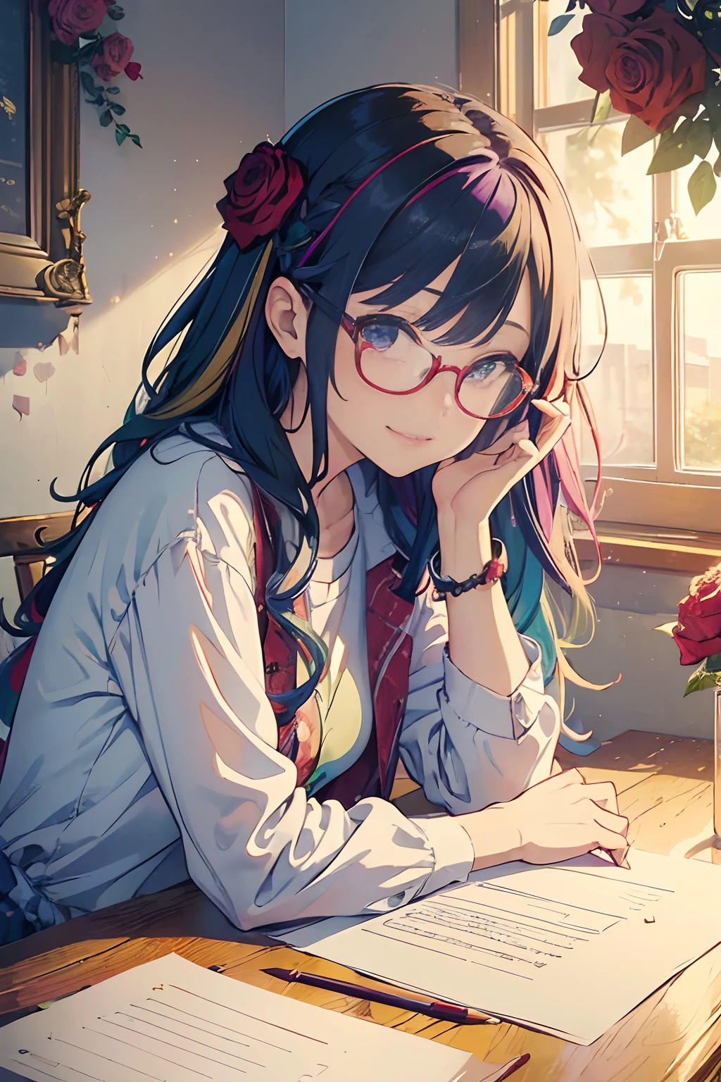 (masterpiece, top quality, best quality,official art, beautiful and aesthetic:1.2),(1girl:1.3),patterns,(rainbow color Hair,colorful hair), background with red roses, wear glasses, smile, writer, paper, pen, modern clothes, writer, writing, cool, thinking, poem, upper body, from side, table, many roses