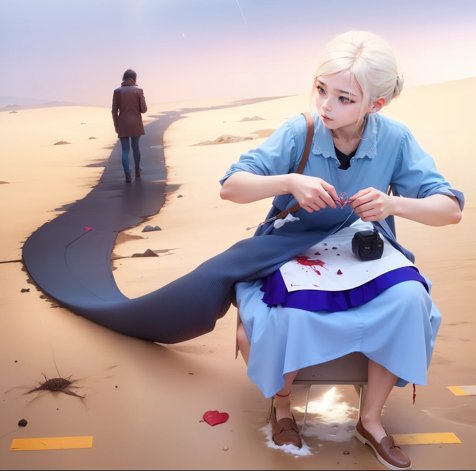 A sitting girl sews a human heart for a man in the back with a rain of blood