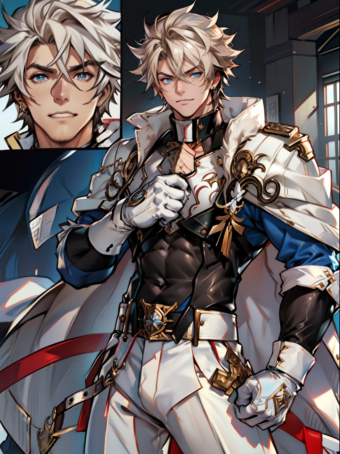 tmasterpiece,Best quality at best,(Genshin Impact),mitts,Bulging muscles,(white business suit,White underwear,tiese)Bulging of the pectoral muscles,White gloves,Abs,malefocus,1boy,White gloves,独奏,Brown hair,Blue eyes,blue capelet,hair between eye,((Bulging crotch)),Sexy,(Masterpiece, Best quality),(white business suit),self-assured,having fun,big laughter,white pantie, stand-up collared shirt, tiese, waistcoat, Open thickened glossy white leather jacket, Eight-pack abs, White leather mobile phone gloves, White trousers, Leather belt, spreading long thin legs, The erection,Masturbation,