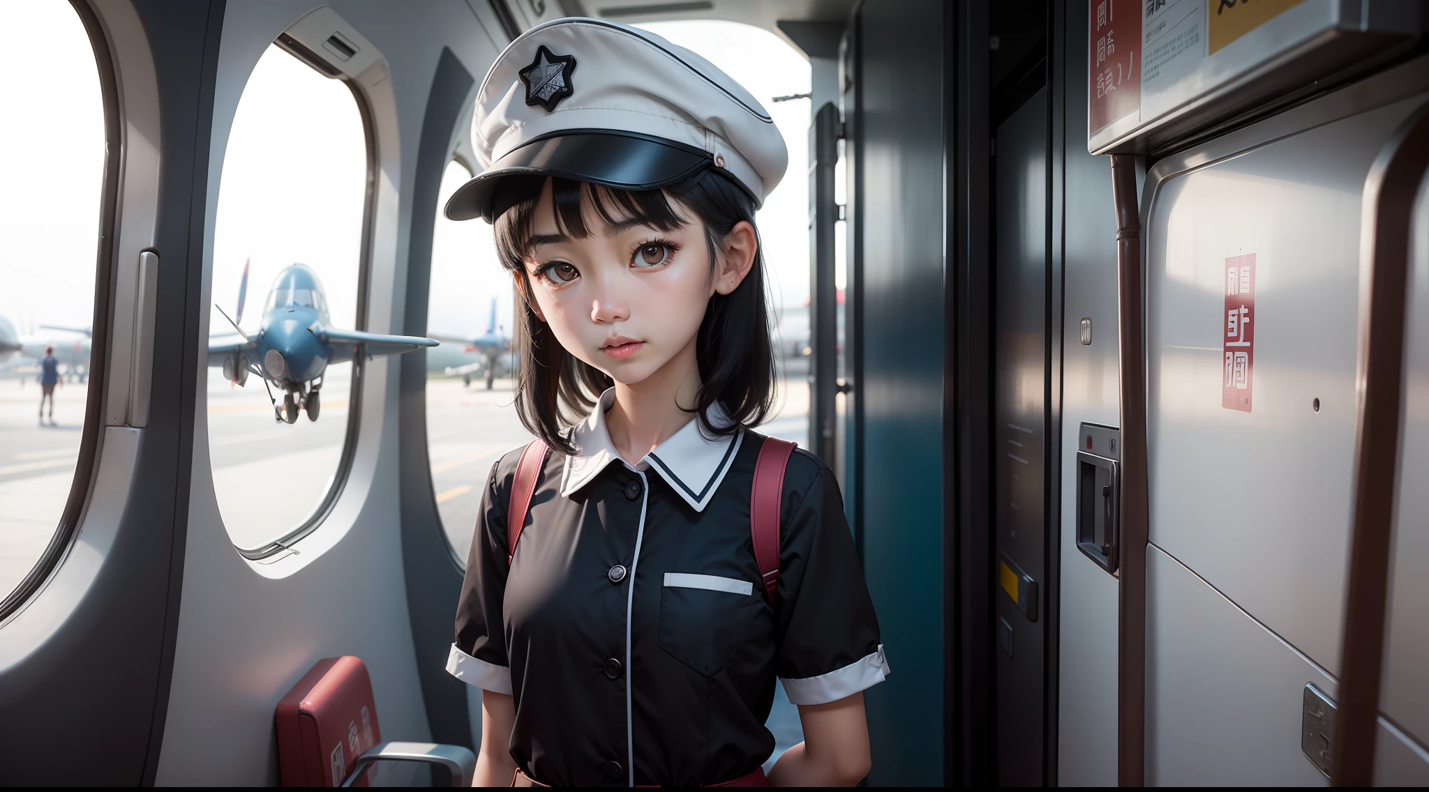 A skinny girl of 3 years old in China，wearing work clothes，With a hat on，stewardess，Stand in front of the aircraft door，Black hair，adolable，with brown eye，by Pixar, tchibi，frontage，Full body portrait