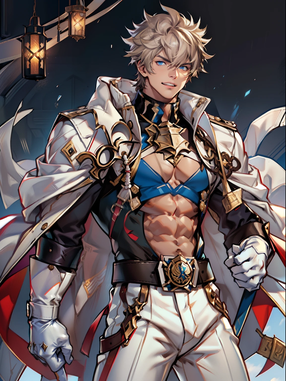 tmasterpiece，Best quality at best，（Genshin Impact），mitts，Bulging muscles，(white business suit，White underwear，tiese）Bulging of the pectoral muscles，White gloves，Abs，malefocus，1boy，White gloves，独奏，Brown hair，Blue eyes，blue capelet，hair between eye，（（Bulging crotch）），Sexy,(Masterpiece, Best quality),（white business suit），self-assured，having fun，big laughter，white pantie, stand-up collared shirt, tiese, waistcoat, Open thickened glossy white leather jacket, Eight-pack abs, White leather mobile phone gloves, White trousers, Leather belt, spreading long thin legs, The erection,Masturbation,