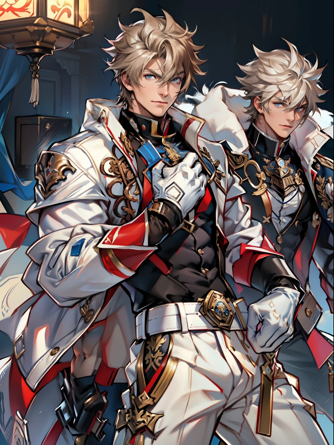 tmasterpiece,Best quality at best,(Genshin Impact),mitts,Bulging muscles,(white business suit,White underwear,tiese)Bulging of the pectoral muscles,White gloves,Abs,malefocus,1boy,White gloves,独奏,Brown hair,Blue eyes,blue capelet,hair between eye,((Bulging crotch)),Sexy,(Masterpiece, Best quality),(white business suit),self-assured,having fun,big laughter,white pantie, stand-up collared shirt, tiese, waistcoat, Open thickened glossy white leather jacket, Eight-pack abs, White leather mobile phone gloves, White trousers, Leather belt, spreading long thin legs, The erection,Masturbation,