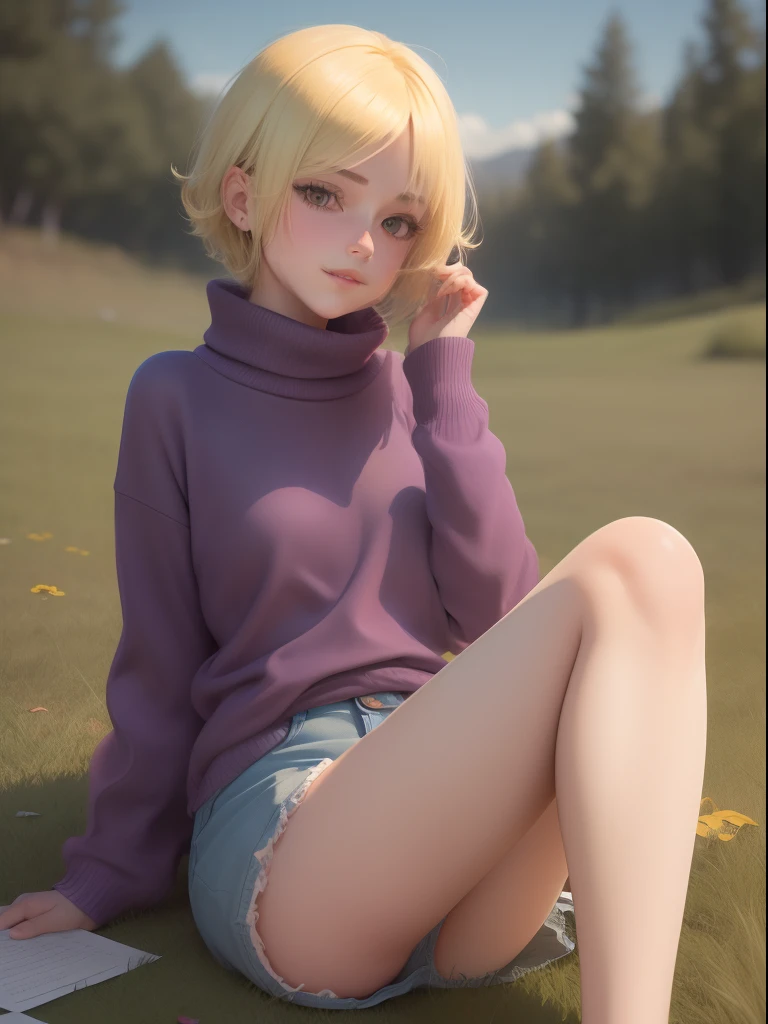 A quiet girl,Short yellow hair,Long face, Wear a purple sweater and shorts,Pubic hair shows through,and wear no underwear,the night,on a grassy field,is shy,Only the left side of the face is exposed,ssmile,Kiss,Ruffle your hair,sat on the ground