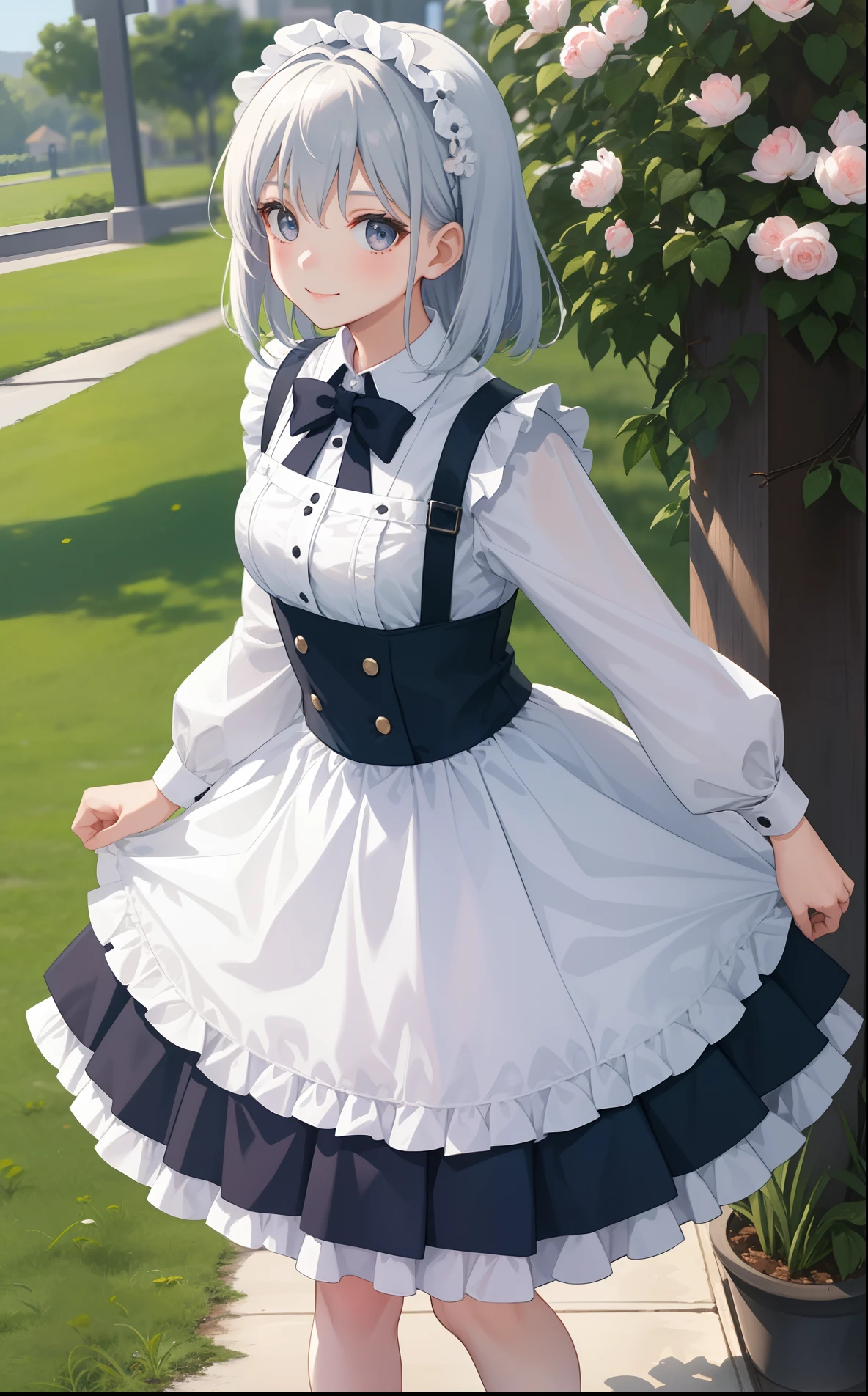 1girl in、AS-Adult、A smile、A delightful! The shirt、skirt by the、(small tits)pinafore、doress、hair adornments、(Maids)、Spring breeze、