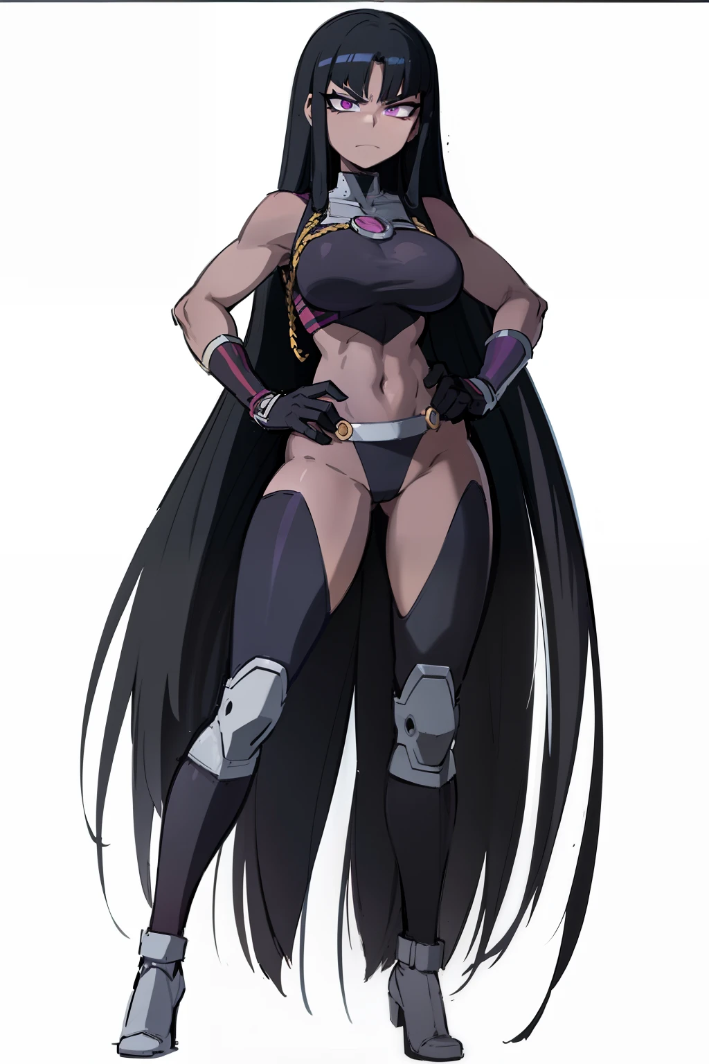 My Hero Academia style, anime Girl, female, trending on artstation pixiv, (full body shot:0.5), blackfire, Titans, wide hips, wide thighs, large breast, black hair, very long hair, straight hair, violet eyes, dark purple outfit, full body outfit, blackfire outfit, suit with exposed belly, suit with exposed navel, smug, joyful gaze, looking at viewer, Perfect Anatomy, Super Detailed, perfect hands,