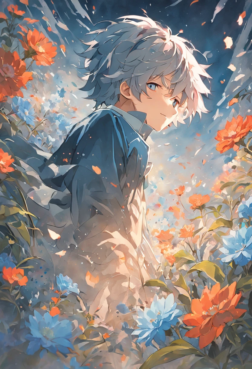 Blooming flowers flutter in the wind,The boy in the flower,Gray hair,Light blue and silver design,Pay attention to the texture of the skin and flowers,Sony FE 12-24mm F/2.8 gm,Impressionist garden,Proficient in calligraphy,eco-friendly craftsmanship,Brush stroke exploration