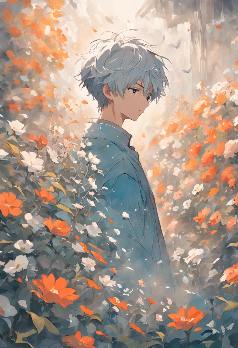 Blooming flowers flutter in the wind,The boy in the flower,Gray hair,Light blue and silver design,Pay attention to the texture of the skin and flowers,Sony FE 12-24mm F/2.8 gm,Impressionist garden,Proficient in calligraphy,eco-friendly craftsmanship,Brush stroke exploration
