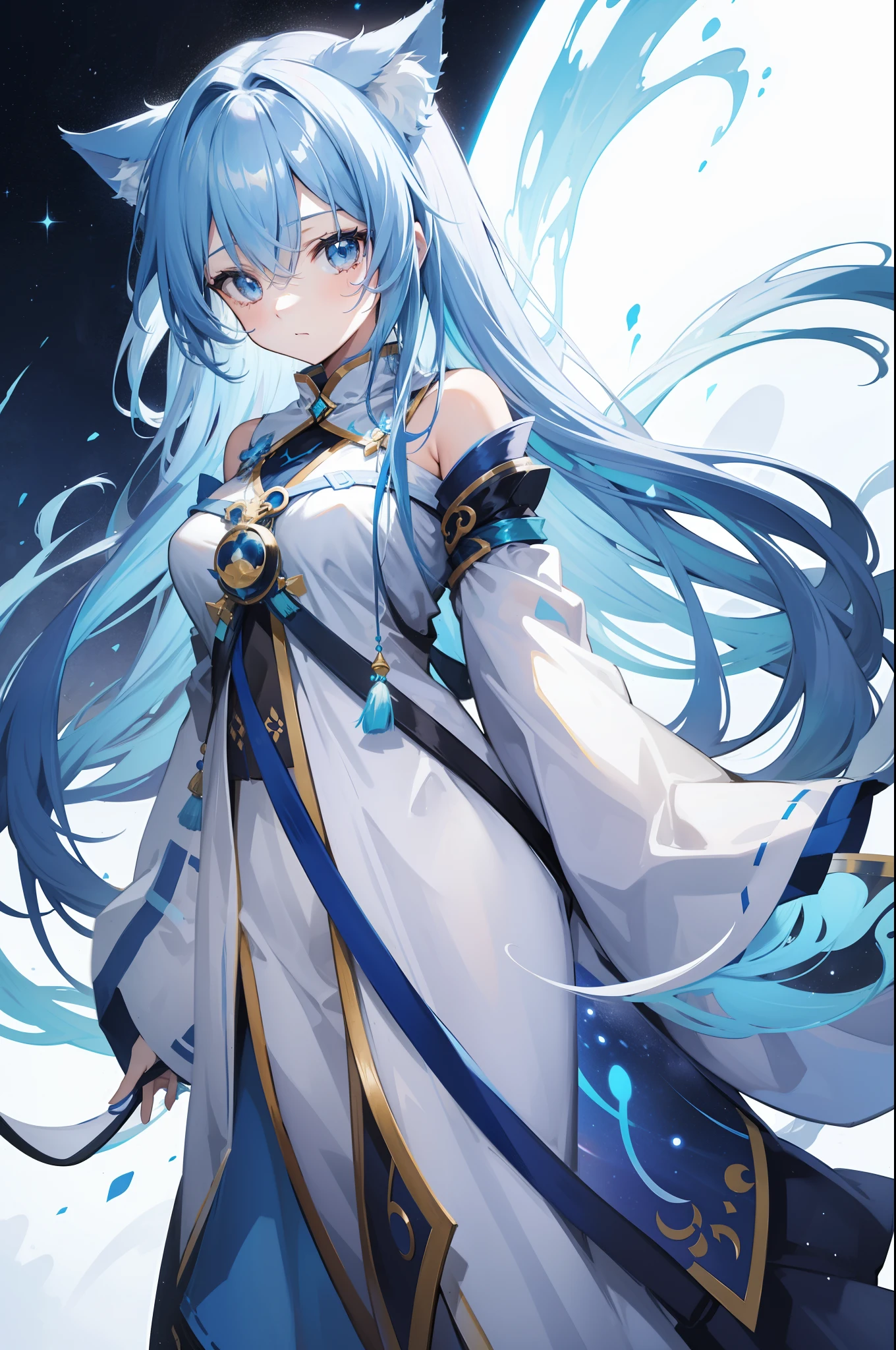 a shy female cosmic druid with long flowing blue gradient hair, neko, has cat ears