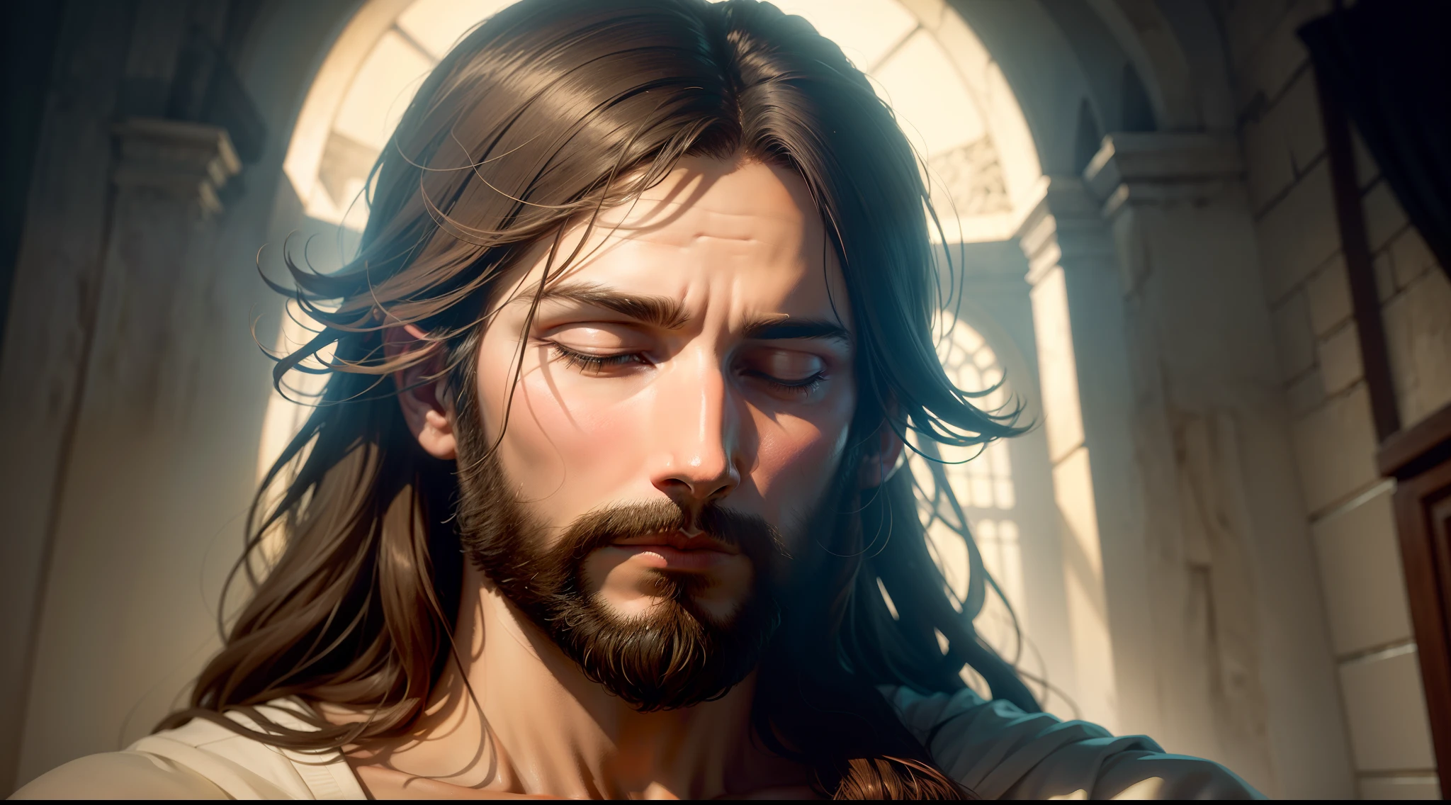 Create a high-definition digital image that depicts Jesus Christ head on in a moment of serenity and divine contemplation. orando