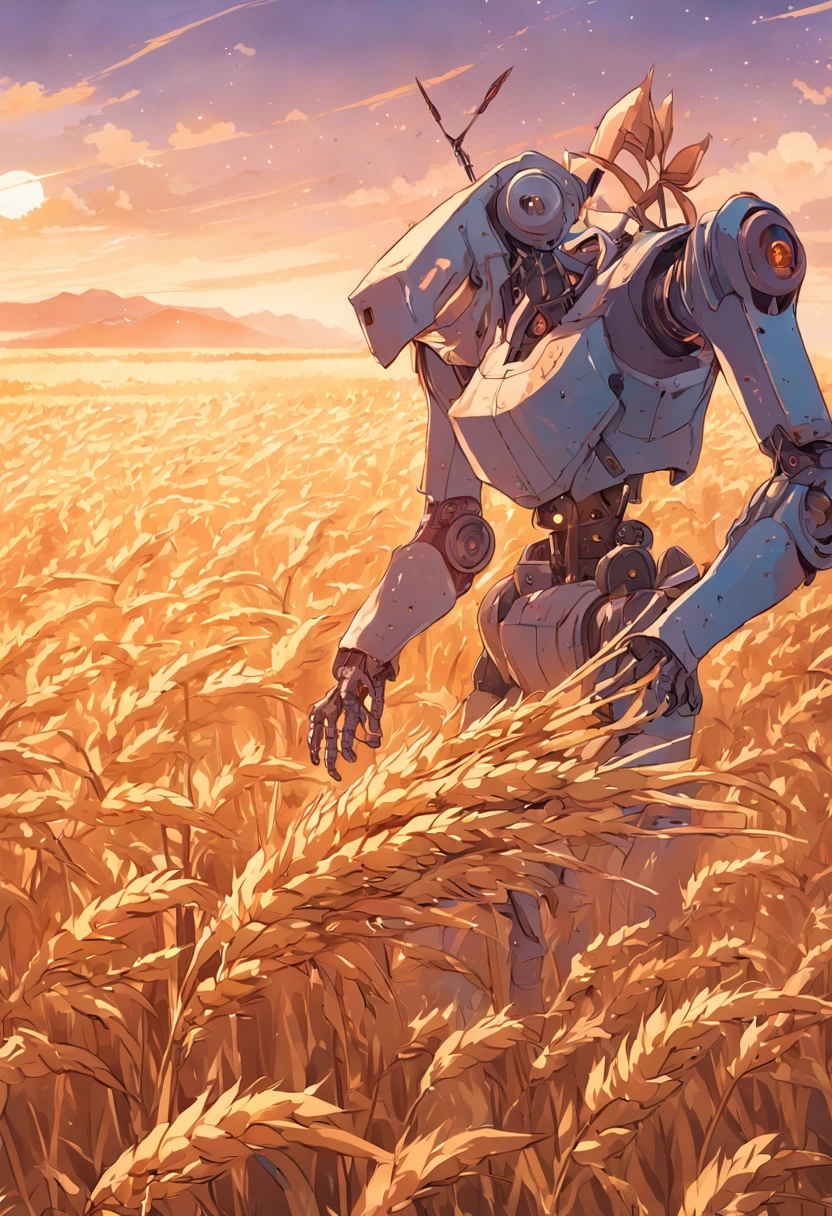 Robot holding a sickle to harvest wheat, An endless wheat field, Soviet propaganda poster style, High definition, 4k