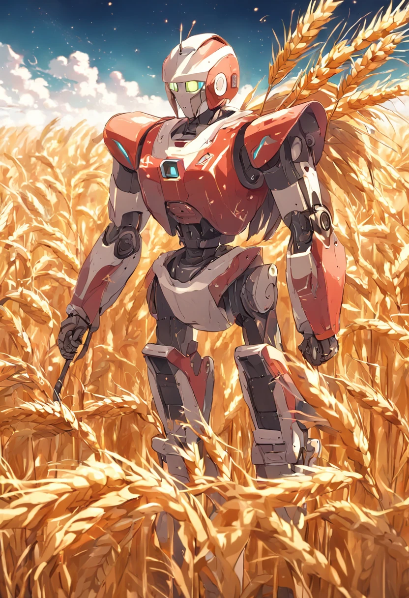 Robot holding a sickle to harvest wheat, An endless wheat field, Soviet propaganda poster style, High definition, 4k