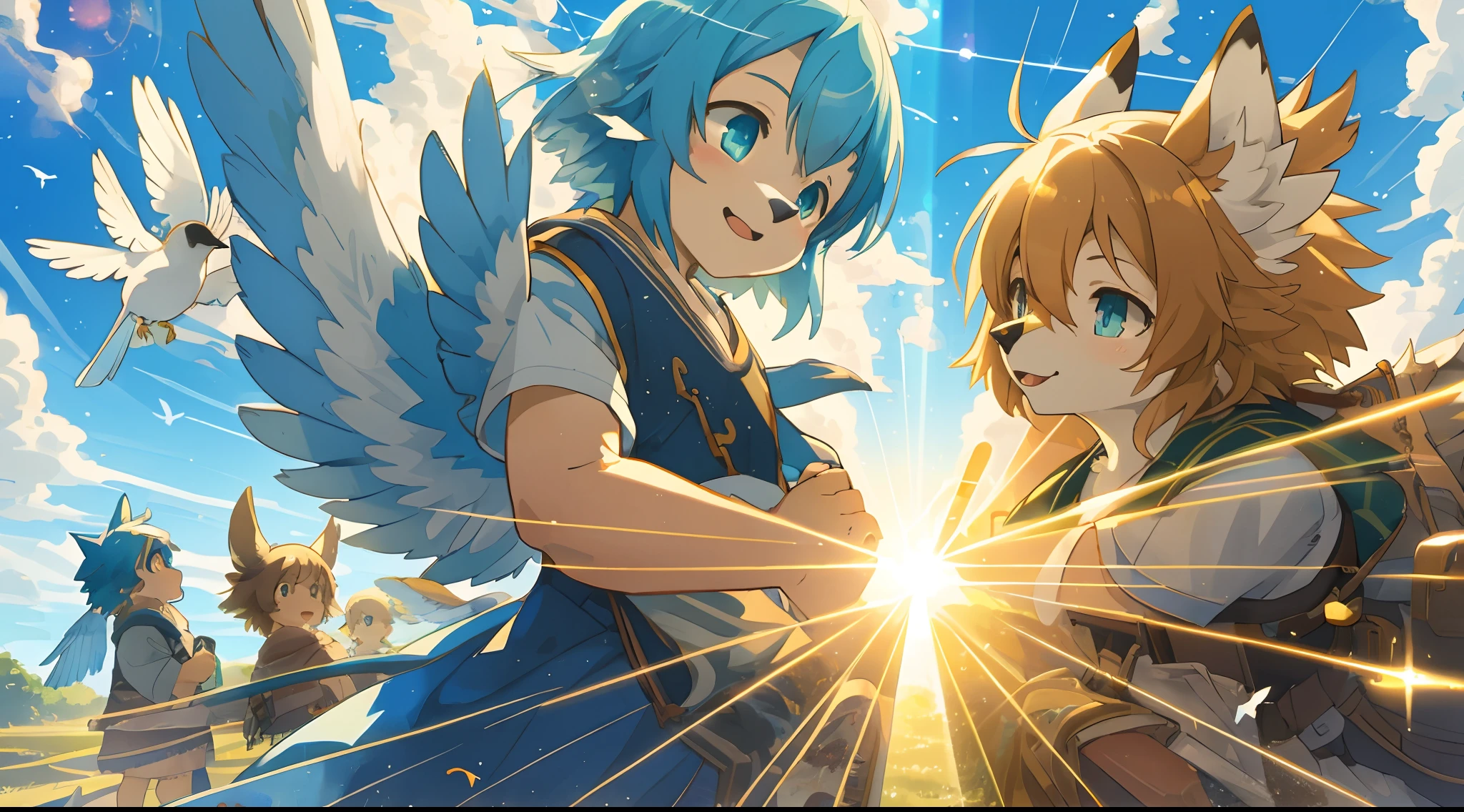 top quality, best quality, High-quality illustrations, masterpiece, super high resolution, detailed background, Blue sky((movie of bird creatures and human child)), 6+boys, 6+girls, absurdres(highly detailed beautiful face and eyes)perfect anatomy, expression, caustics, light rays, dynamic lighting, light particles, lens flare, cinematic shadow(kemono, furry anthro)assorted poses, dynamic angle,