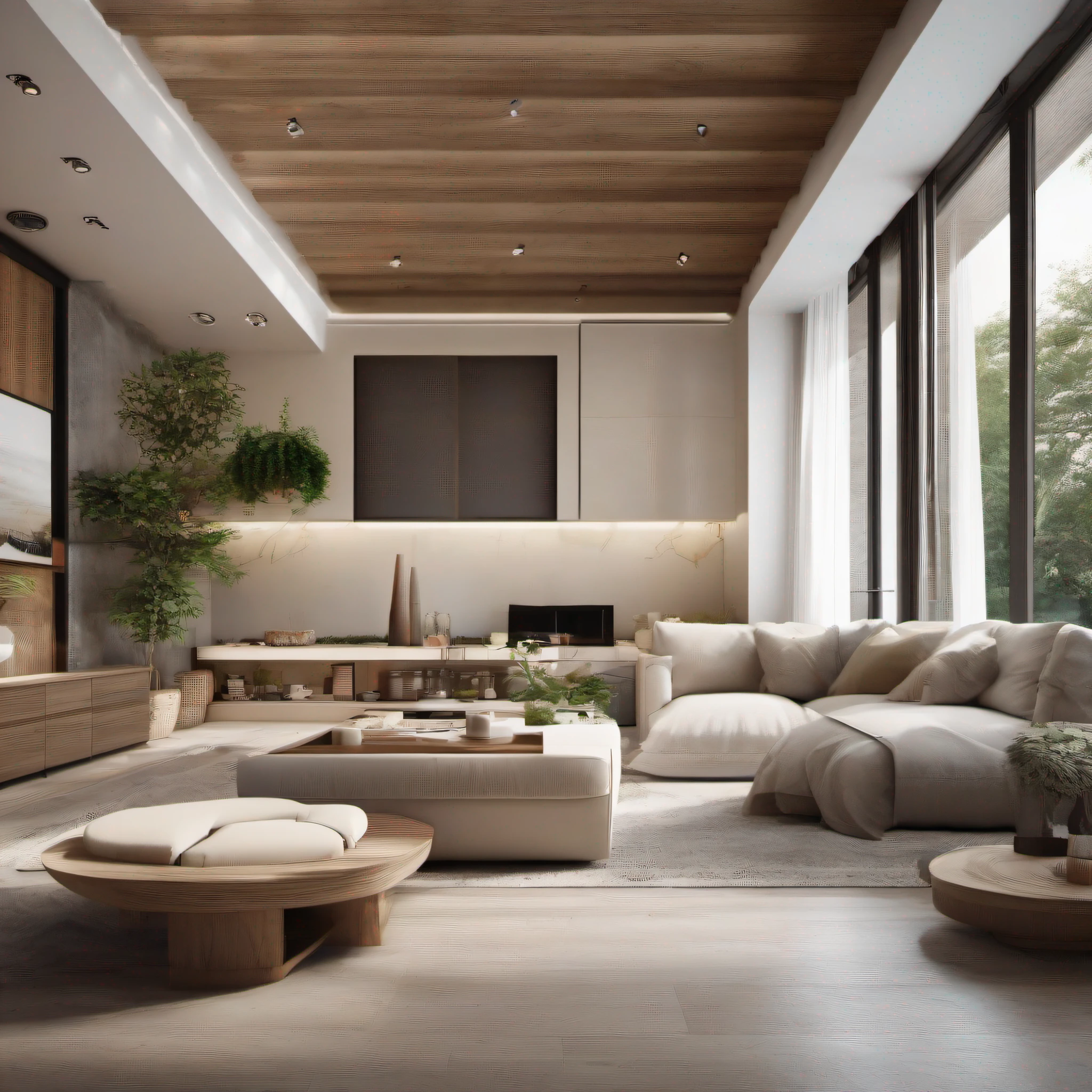Perspectiva de uma enorme sala de estar aconchegante e uma cozinha com ilha, (((best quality))), (((ultra detalhado))), (((master part))), grandes janelas de madeira com luz natural, Beige white sofas, mesa de madeira branca, plantas de (vaso branco), design minimalista moderno, hyper realistic, master part, altamente detalhado, pintura digital, best quality, Altas, Trabalho detalhado, Post-processing, Creative Studio, Promotional architectural photo