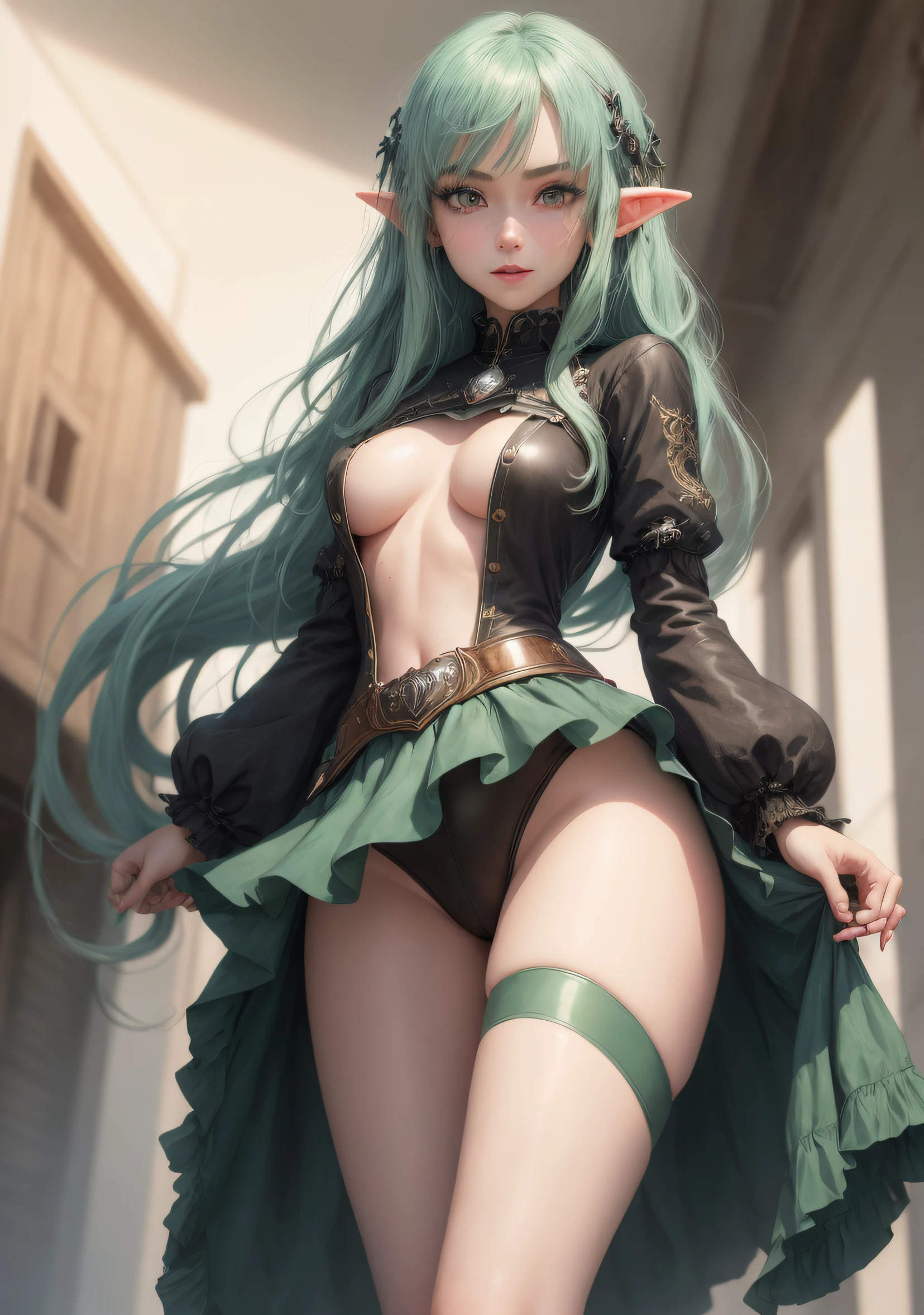 The girl stands and looks at the camera, green hair, She lifts her skirt with her hands, blue skies, Beautiful clear blue sky, Hairpins in the hair, skinny waist, Slender figure, Appearance of the model, confusion, sexuality, Beautiful ears, Bright red eyes, People's casual clothes, pantyhouse, black tights, little , You can see the, , Elf Girl, Sweet girl, attractive anime girl, beautiful anime girl, Cute beautiful anime woman, detailed digital anime art, beautiful anime girl, beautiful anime girl, Anime with small details, Best Quality, Masterpiece, Ultra-detailed, Beautiful, hight resolution, Original,CG 8K ультрареалистичный, perfect artwork, beatiful face, Face Clean, Skin, hyper realistic, Ultra Detailed, A detailed eye, dramatic  lighting, (Realistic) Realistic, Full HD, Best Quality, Best Quality, Beautiful lighting, (8k wallpaper of extremely detailed CG unit), High Details, sharp-focus, The art of dramatic and photorealistic painting, beautiful smile, close-fitting clothes, Unbelievably ,