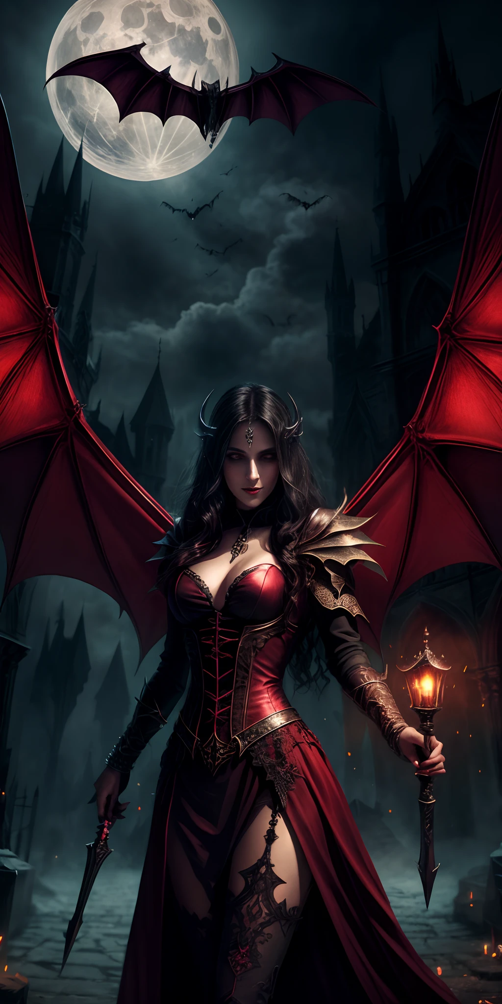 Fine, (Best Illustration), 8k Resolution, Intricate Details, Best Quality, Realistic, Ultra Detailed, Best Lighting, Best Shadows, Ultra HD, A Necromancer, Night, Magic, Dark Style, Vampire, Bat wings, red glowing eyes, dracula,  moon,