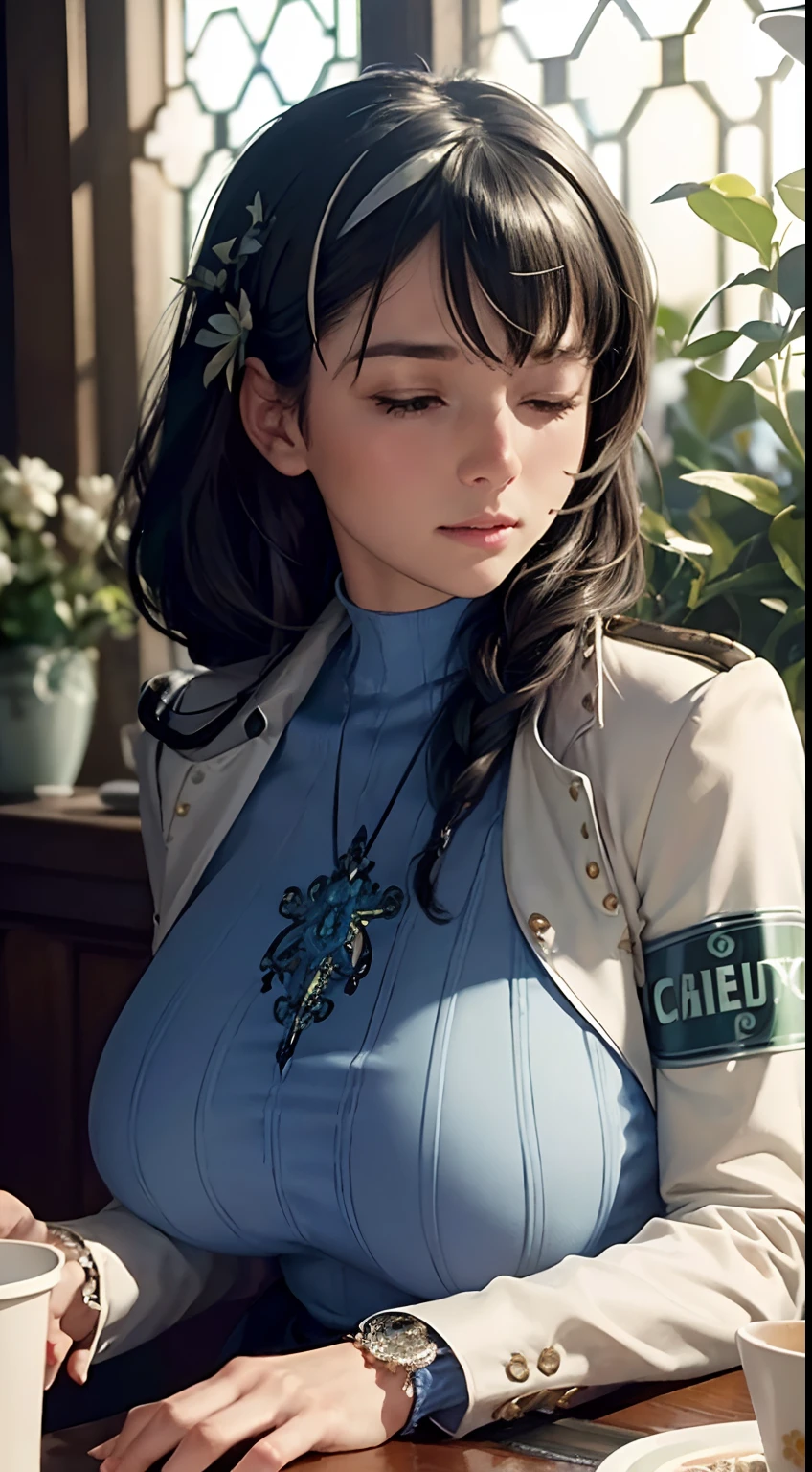 (((beautiful))),mary,blue sweater, white jacket, cropped jacket, long sleeves, open clothes, ribbed sweater, armband, huge breasts,(((shiny skin))), ((intricate details)), hdr, ((intricate details, hyperdetailed)), cinematic shot, sitting in cafe , drinking starbucks, vignette, ((art by alphonso mucha))