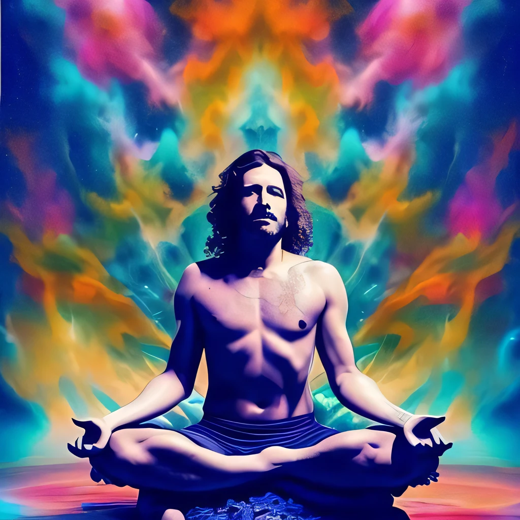 a colorslashh An explosion of colors, hyper realistic ,liquid,, oldman sitting in a lotus position, complex stuff around, intricate in the background, Spiritual, divine, dreamlike, cosmic, mind blowing,  god, pineal gland, dream like,