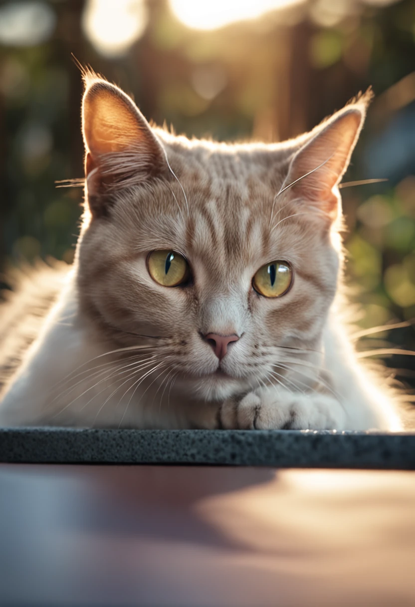 Generate cat image sitting on a table with white background
