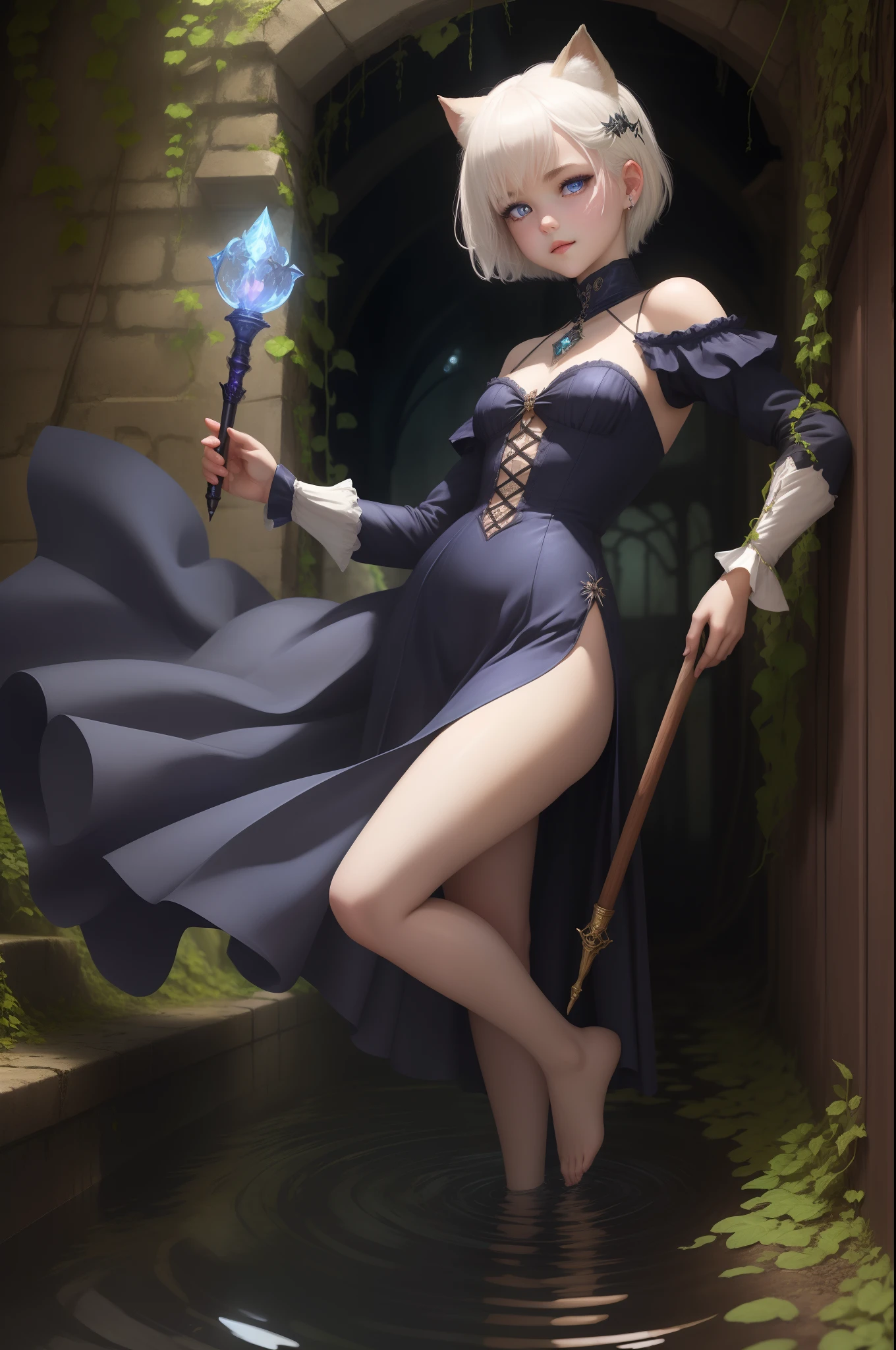 Top image quality、​masterpiece、Leyendecker's style、Fantasy 3D、Ultra wide angle high angle、Underground channel with collapsed ceiling、Nordic beautiful girl、Half eye、The iris is blue、Smirking expression、Pretty small face、Light makeup、Two cat ears、Platinum blonde short hair、Medium chest、Flexible waist、big butts、Running、alchemist、Full body like、Holding a magic wand in his right hand、Holding nothing in your left hand、Gothic dress with long sleeves、long  skirt、Immerse ankle-deep in water、Lots of rubble scattered around、Overgrown with plants、Ivy gets tangled in the wall、moonlights、thirds rule