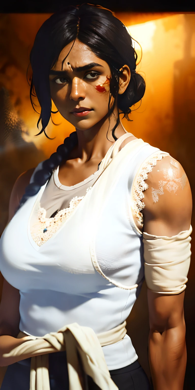 (Mrunalt) wears a shabby white vest,Tomb Raider 9,Long messy black hair,The arm is wrapped in a bandage,Realistic details,It was raining heavily,Thermal vaporization、Rich particle effects,Seriously injured,Moaning,wretched,Bloody