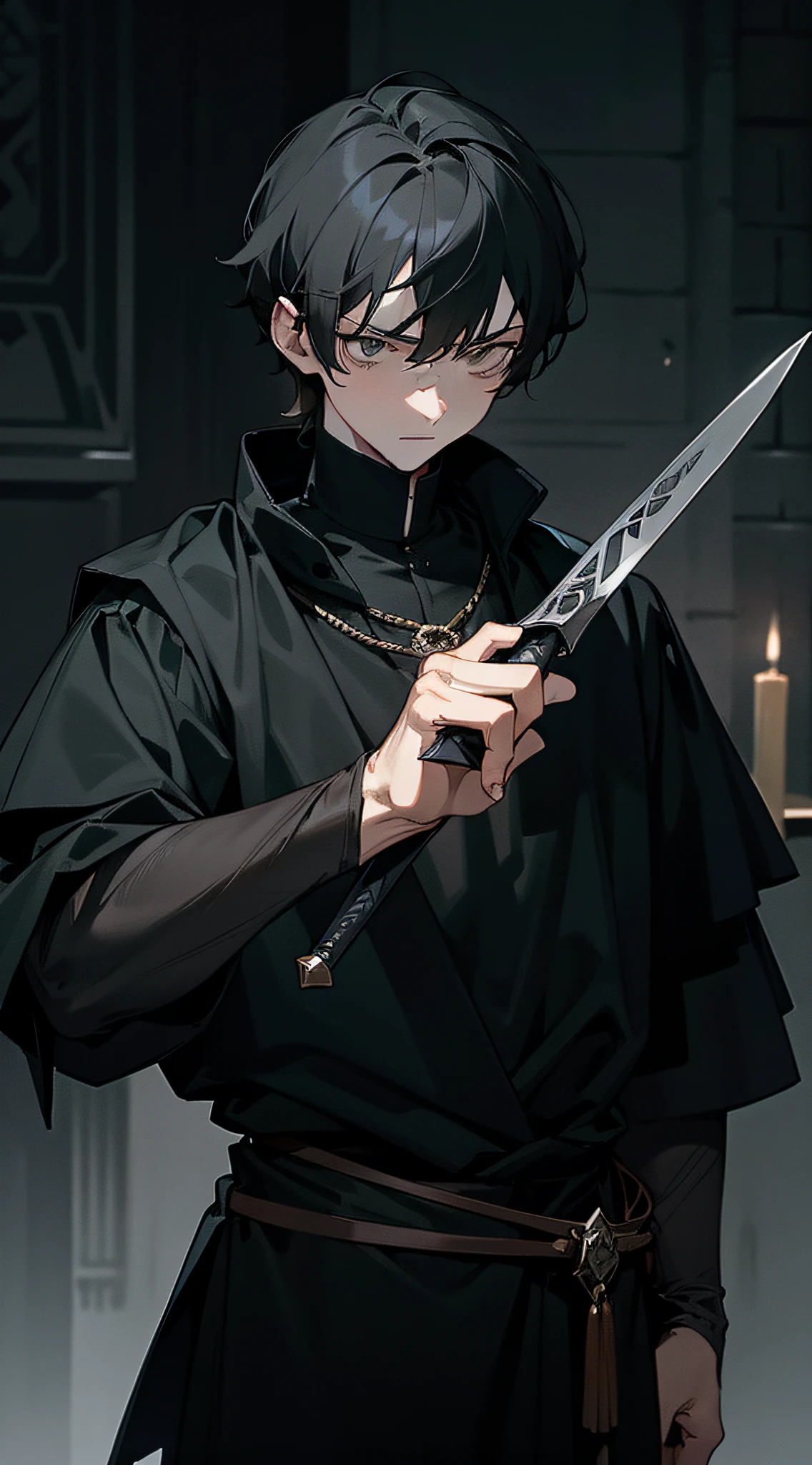 A young man with sharp grey eyes and a serious expression, donning short dark hair, clad in dark clothing, gripping a dagger in his hand. The setting is a medieval dark background.