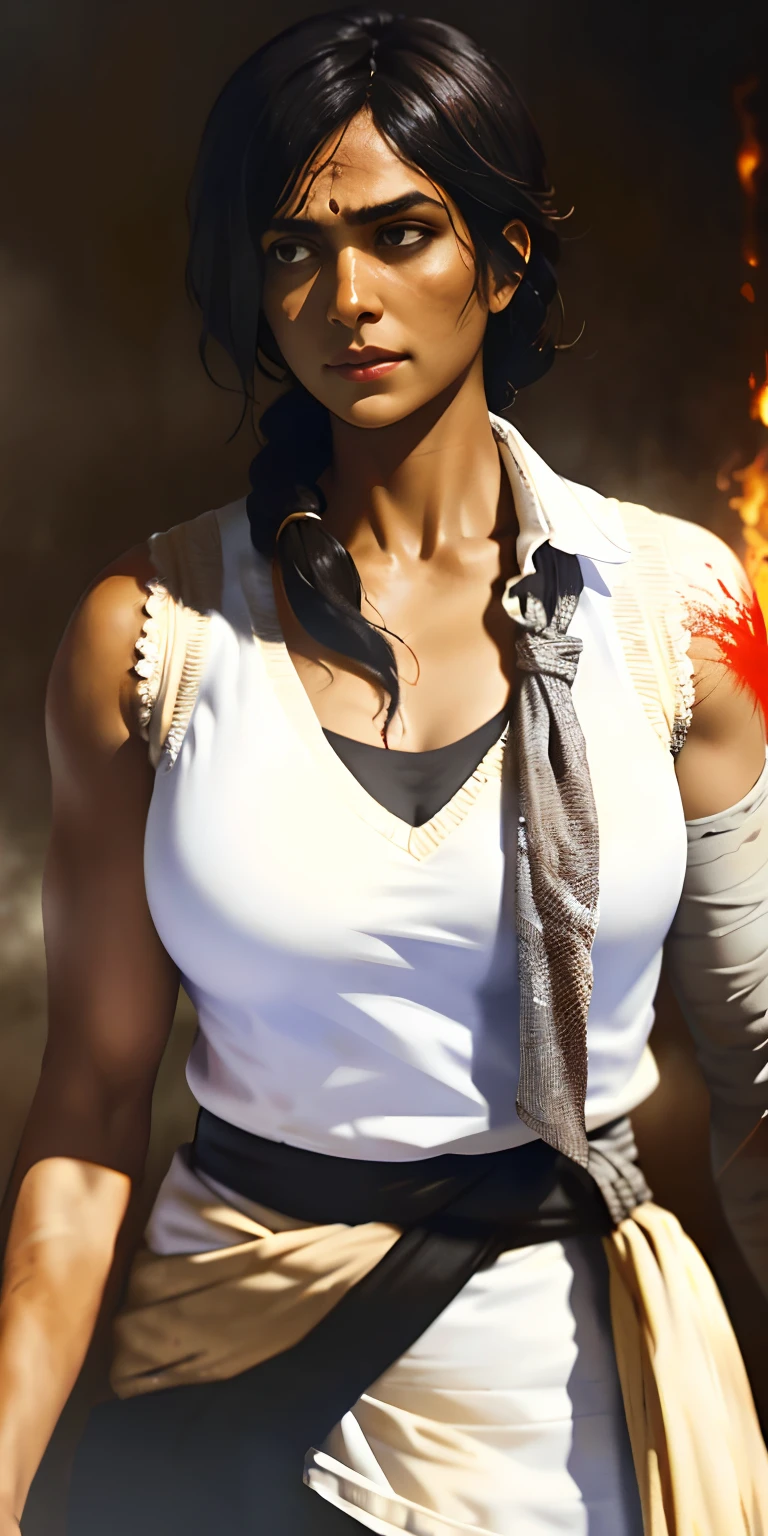 (Mrunalt) wears a shabby white vest,Tomb Raider 9,Long messy black hair,The arm is wrapped in a bandage,Realistic details,It was raining heavily,Thermal vaporization、Rich particle effects,Seriously injured,Moaning,wretched,Bloody