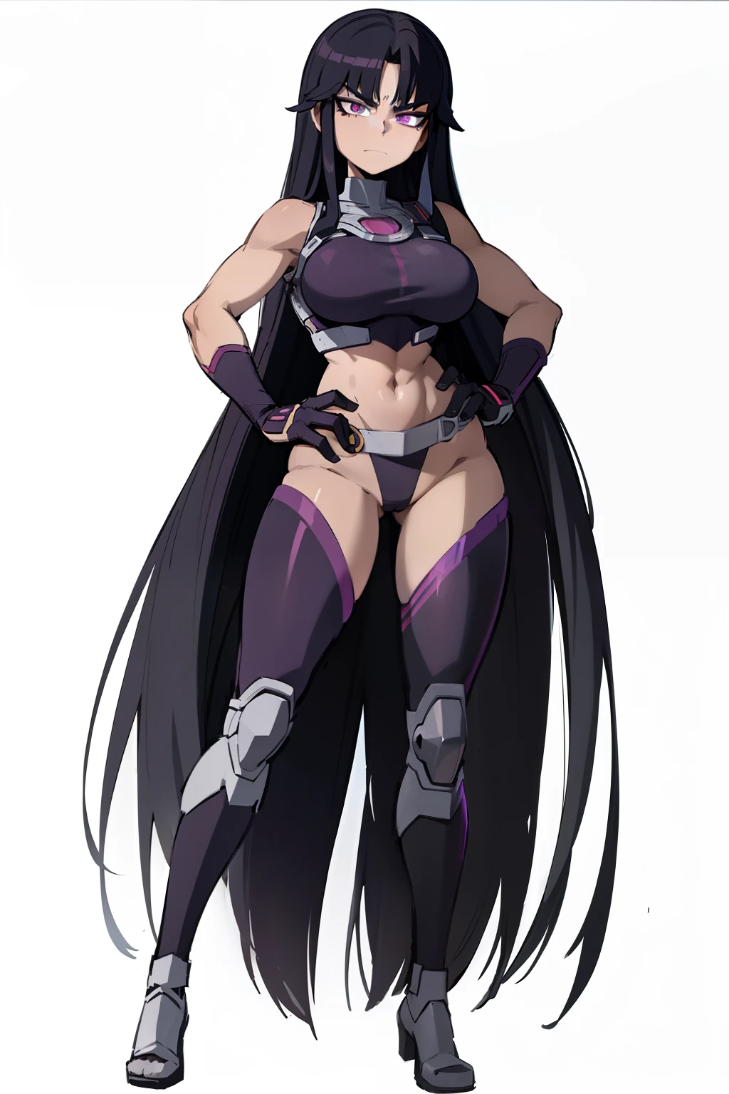 My Hero Academia style, anime Girl, female, trending on artstation pixiv, (full body shot:0.5), blackfire, teen Titans, wide hips, wide thighs, large breast, black hair, very long hair, straight hair, violet eyes, dark purple outfit, full body outfit, blackfire outfit, suit with exposed belly, suit with exposed navel, smug, joyful gaze, looking at viewer, Perfect ???????, Super Detailed, perfect hands,