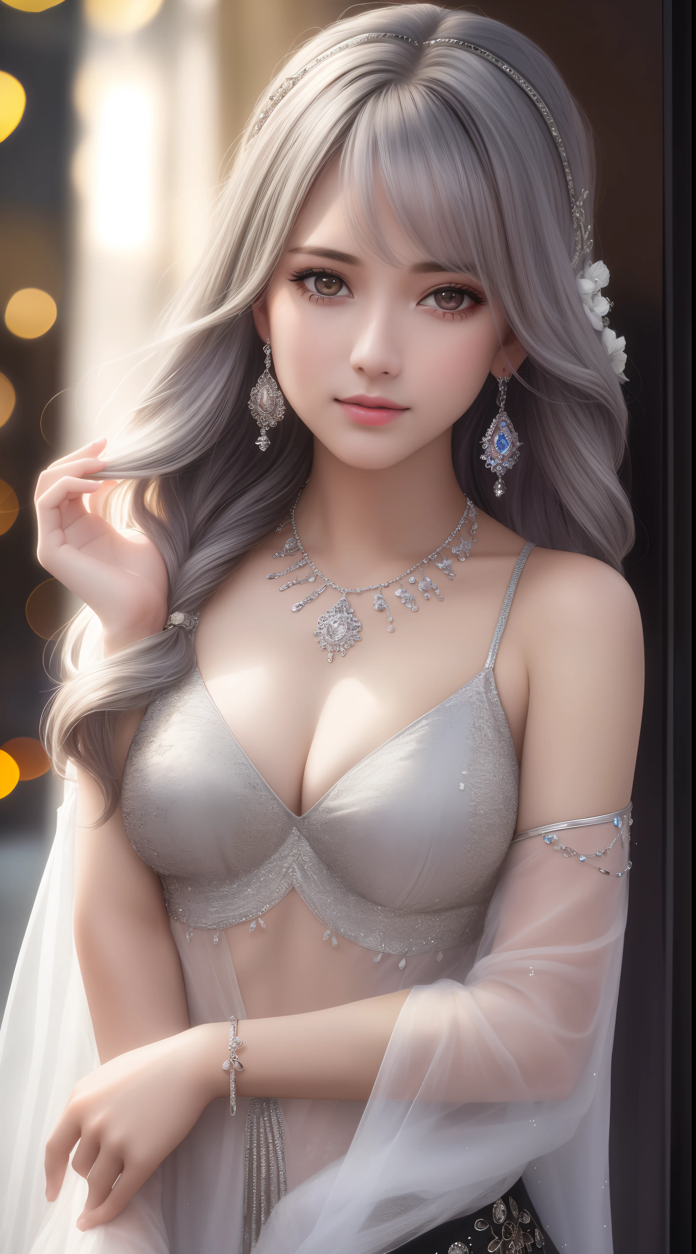 Best Quality, Masterpiece, High Resolution, 1girl, Hair Ornament, Necklace, Jewelry, Pretty Face, Over Body, Tyndall Effect, Photo Realistic, Dark Studio, Rim Lighting, Two Tone Lighting, (High Detailed Skin: 1.2), 8k uhd, dslr , soft lighting, high quality, volumetric lighting, candid, Photography, high resolution, 4k, 8k, Bokeh, medium breasts, open fingers, (hair color: silver: 1)