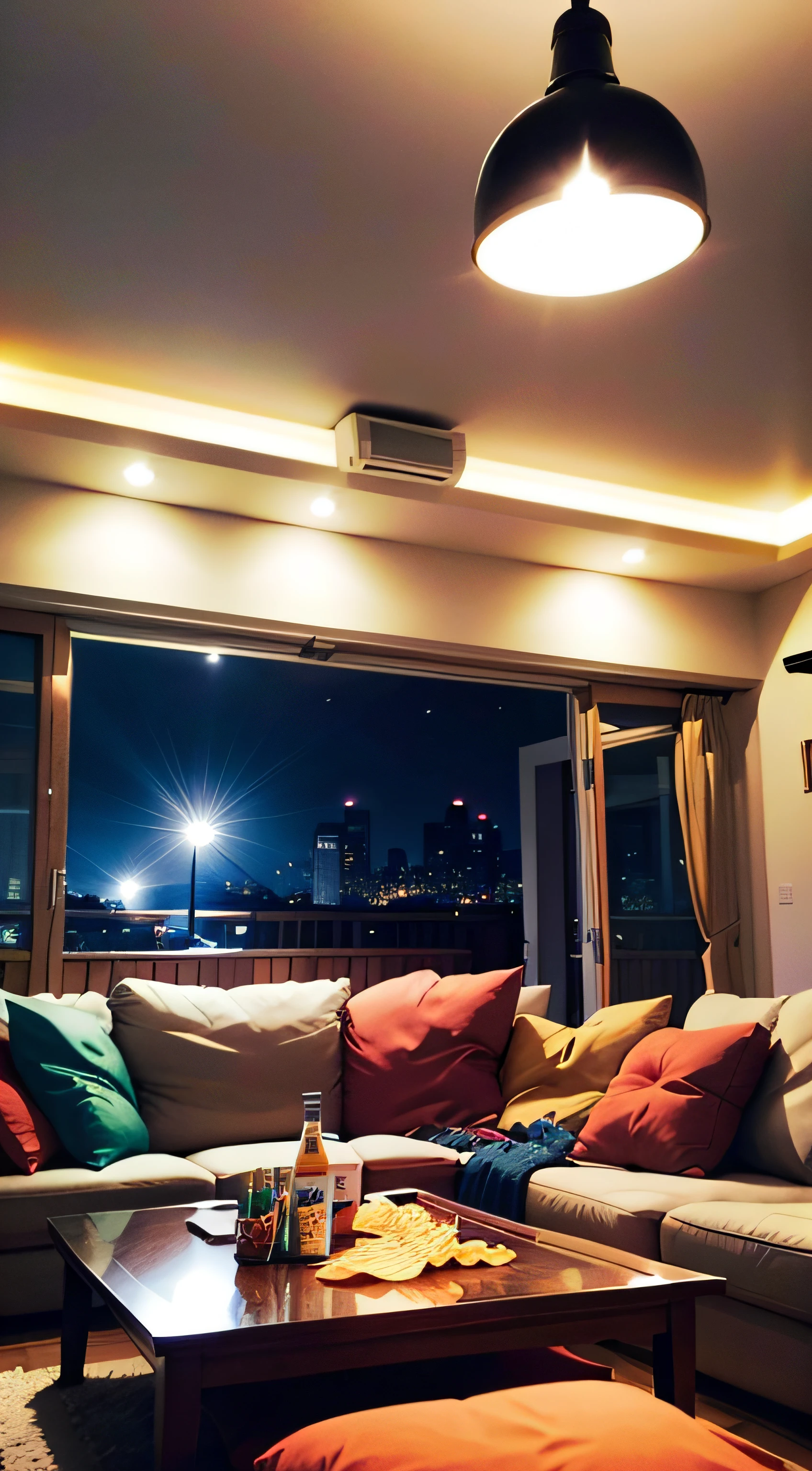 Inside of a party (house party, living room, night, drinks and chips)