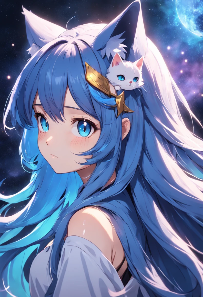 a shy adult female cosmic druid with long flowing blue gradient hair, neko, has cat ears