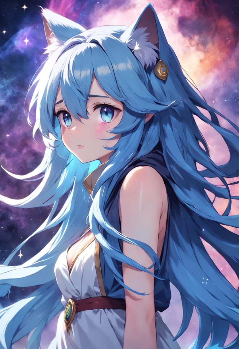 a shy adult female cosmic druid with long flowing blue gradient hair, neko, has cat ears