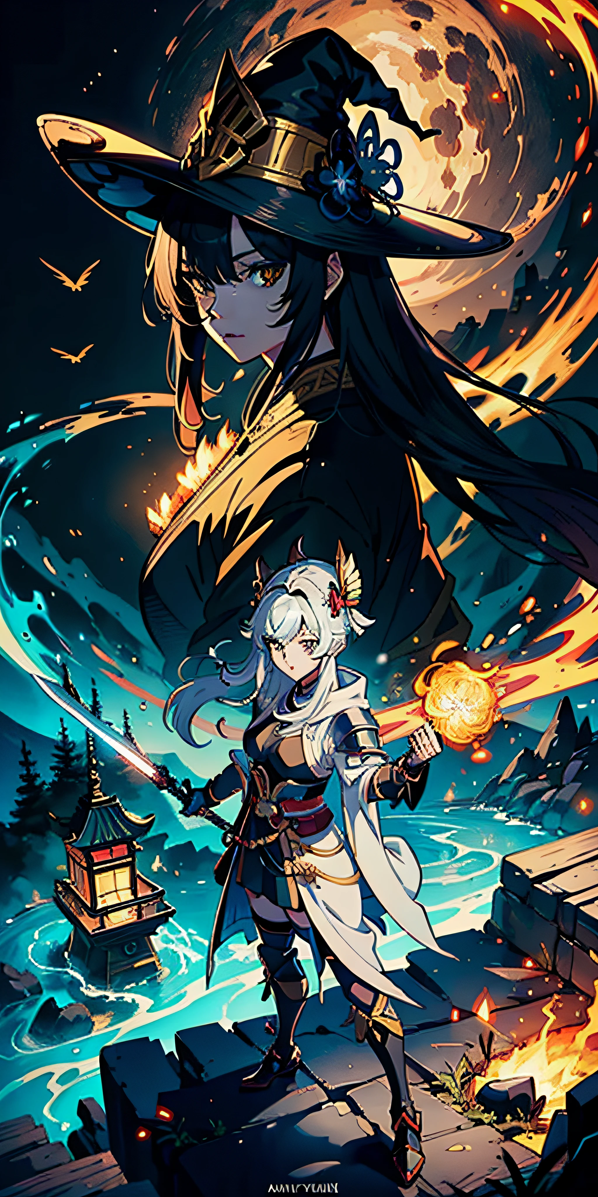 Anime figure，Dark villain，Beauty side face，Long hair flying，（gold
Color headdress），Two teenage girls back to back，（Simple head
helmet）Spark ashes burn，The samurai held a sword，Wear contrasting armor，The whole picture of the witch and the witch skeleton,(standing full-body），（（Faraway view））,（HD8K），ultra-wide-angle，The background is gorgeous，the original god，demon anime girl，Angel anime girl，fantasy paladin man，Dragon Knight，Spread your black feathered wings，Mobile Genshin Impact，Anime 8K，Anime fantasy insertion，Genshin Impact，Tough and cold character，Detailed key anime art，Ayaka Genshin impact，onmyoji portrait，Close-up of shooting random weapons，Comic book epic artwork，Epic fantasy digital art style，Epic fantasy art style，8K high quality detailed art，Epic fantasy art style HD，Faraway view，Behind him，This is a golden glowing magic array。，Purify the flame，HD anime visuals，full portrait of magical knight