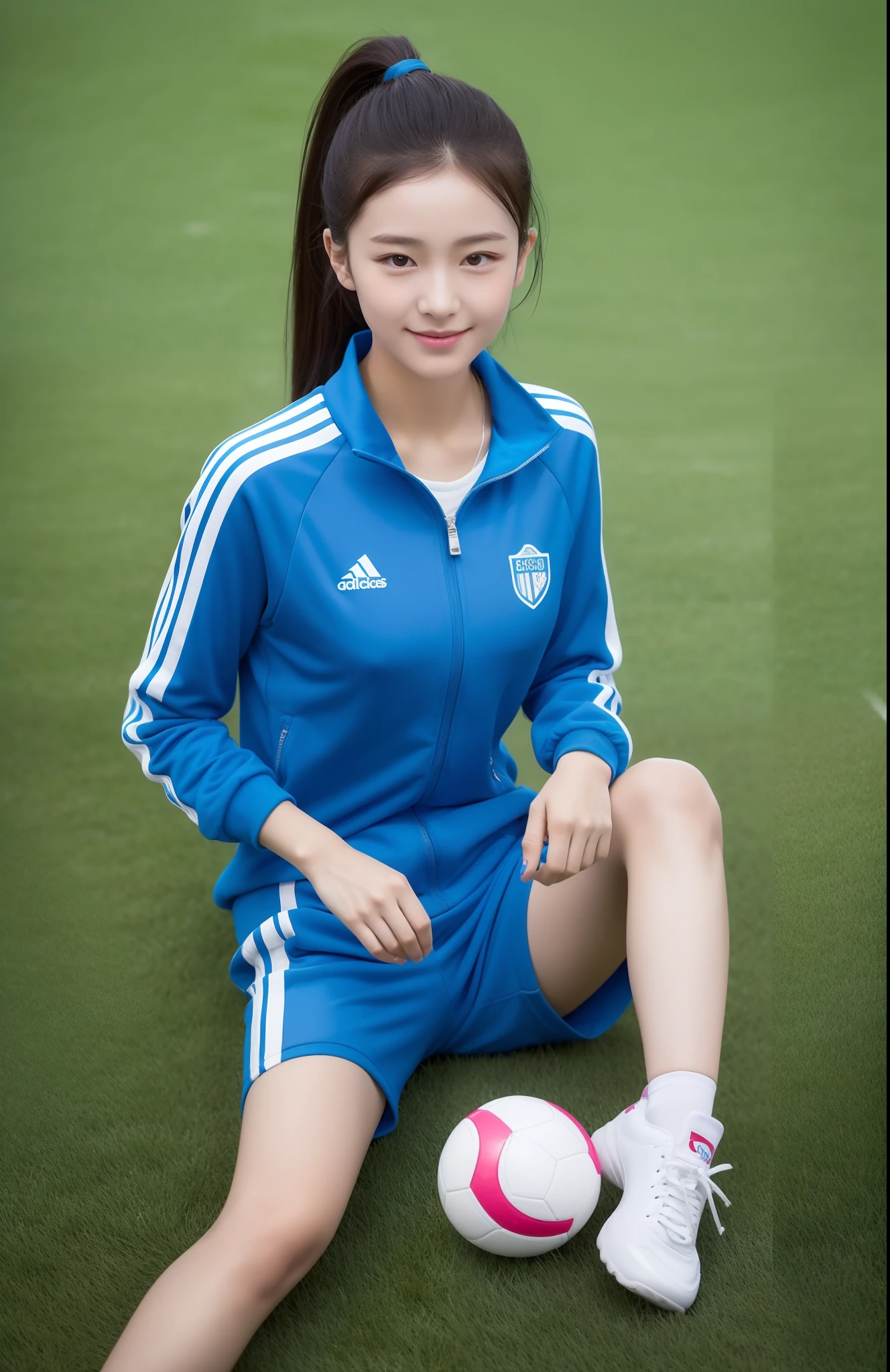 1 very beautiful female high school student,Wear blue and white tracksuits,Play with the ball on the grass of the football field,(On the grass:1.02),Super high value,perfect body figure,Beautiful short ponytail,Delicate hair,Fair face and skin,Beads of sweat on the forehead,Have fun on the playground,(((The chest is huge))),Breasts are full and straight:1.5,(The tracksuit on the chest is high and bulging, Tightness and bulging:1.5),Delicate fair and soft toes,White and delicate fingers,(Delicate sneakers:1.5),Focus on the chest,fully body photo