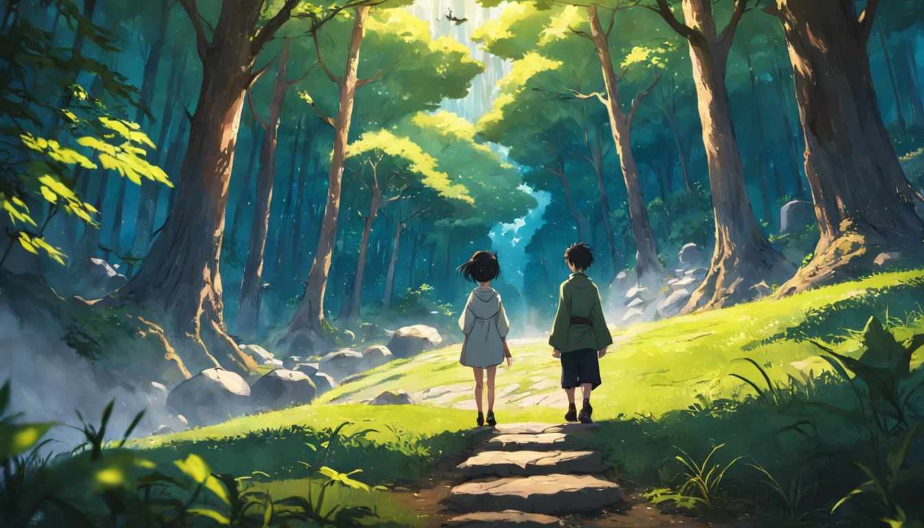 monge zen e uma floresta,junto com um menino