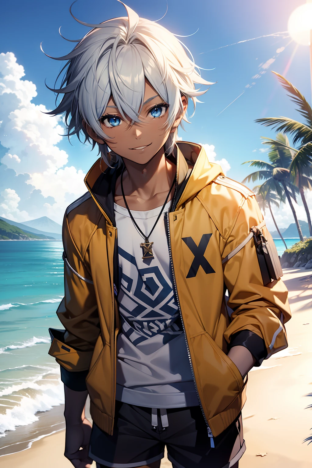 young boy, black skin, blue eyes, white hair, smiling, X tidus final fantasy clothes, shirtless, yellow jacket, blue beach shorts, on a beach, resort, wooden resort, 4k,