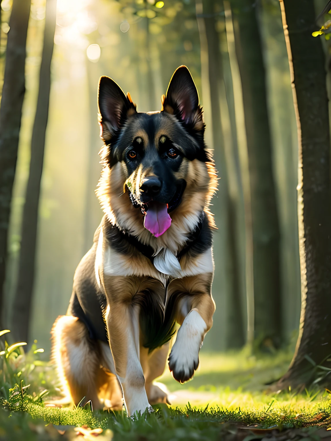 there is a dog that is sitting in the grass with a frisbee, german shepherd, beautiful picture of stray, 2 years old, a , frontal pose, looking straight to the camera close up photo of a very cute jumping puppy in the forest, soft volumetric lights, (backlit:1.3), (cinematic:1.2), intricate details, (ArtStation:1.3), Rutkowski
