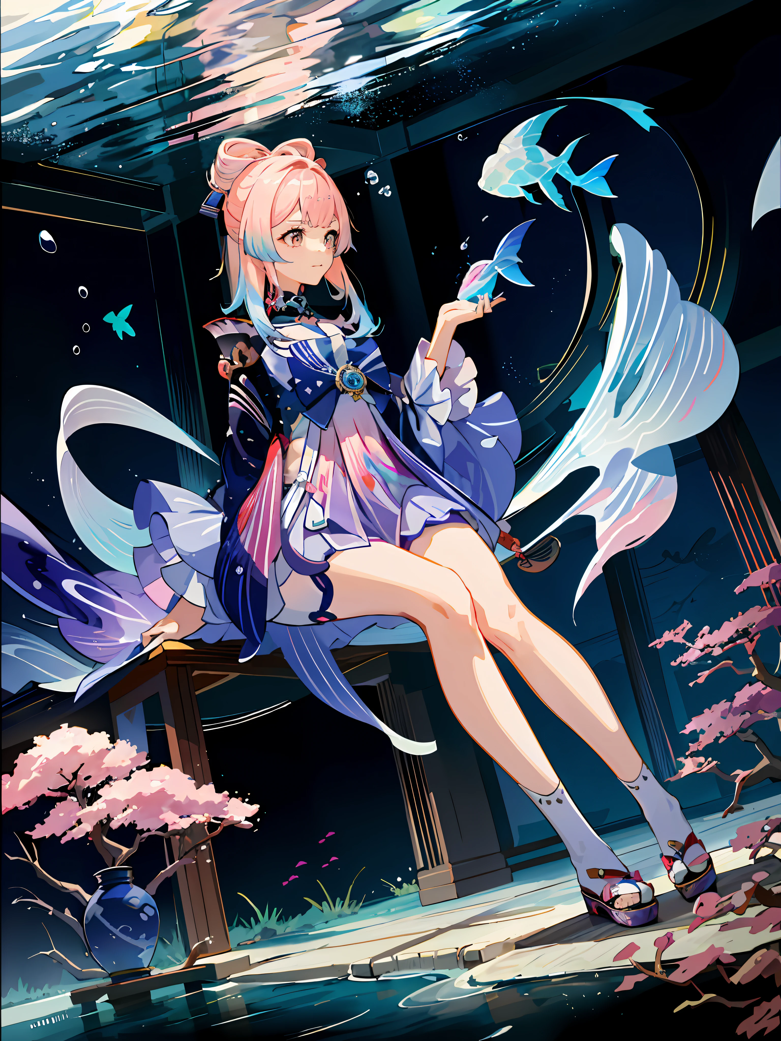 kokomi (genshin impact), 1 girl (Solo:1.4), pink hair, iridescent pastel colors, underwater playing with fish, lots of fish on background