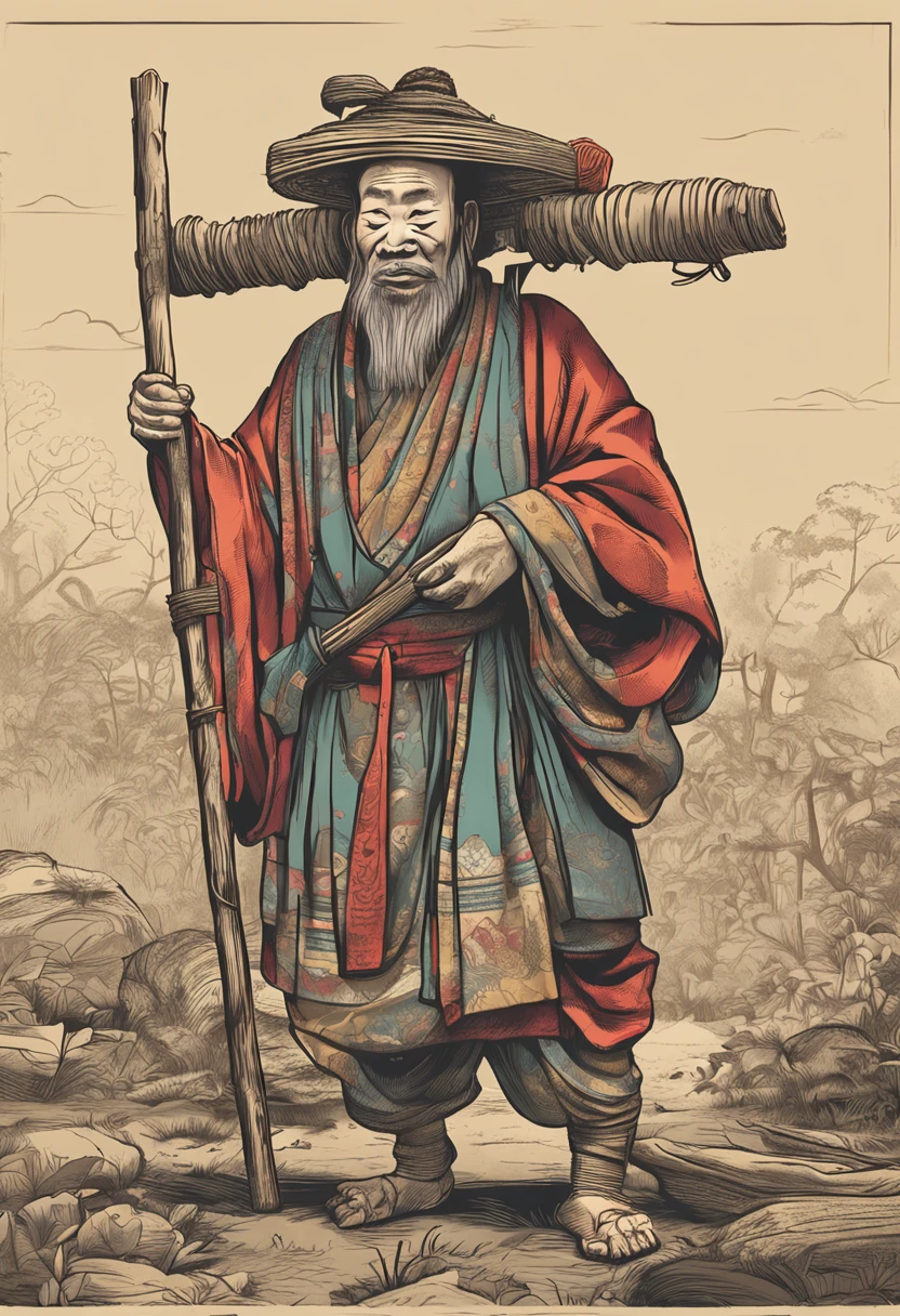 Gado is an ancient Chinese farmer，A wooden yoke is placed on his head