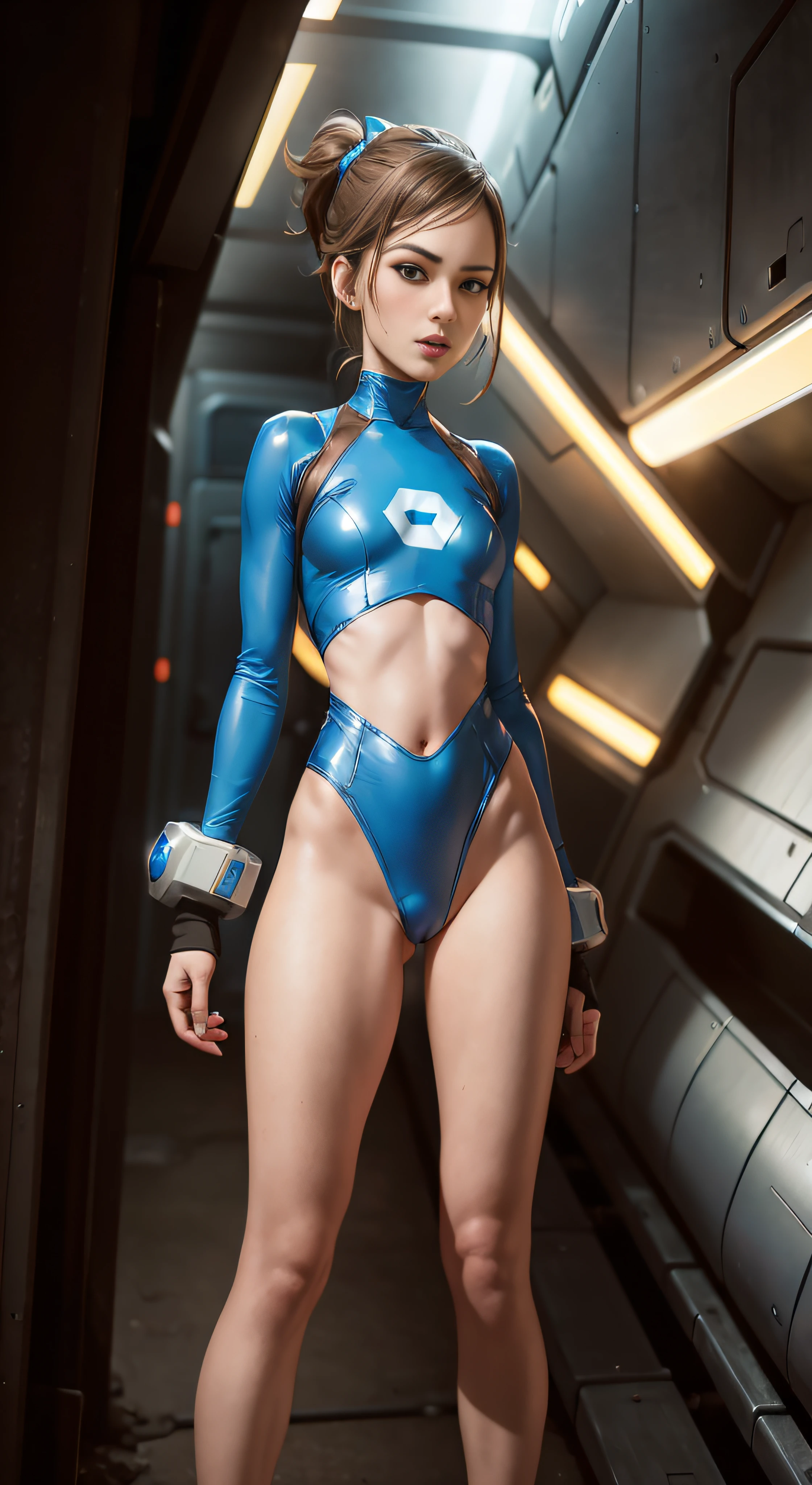 arafed woman in a blue suit posing in a spaceship, zero suit samus, echo from overwatch, as overwatch character, bright blue shiny lingerie, chrome bodysuit, full body zenkai! asuka suit, from overwatch, samus aran bioorganic varia suit, krystal from star fox, symmetra from overwatch, wlop glossy skin