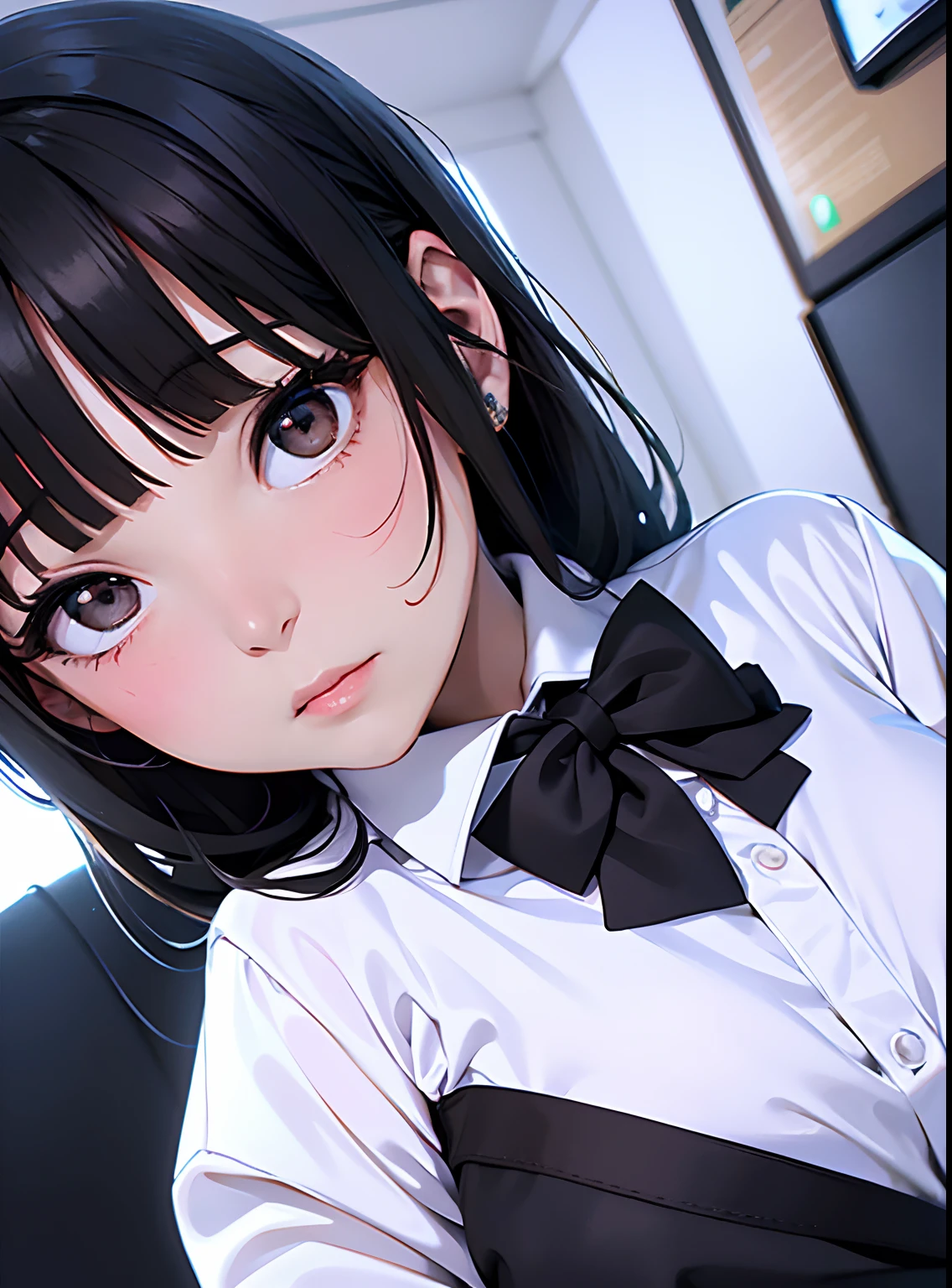 The face should be identical to the photo,There was a young woman wearing a white shirt and a black tie, chiho, from 8 k matte, shikamimi, 8K, Digital, Selfie Photos, 8K)), 8K!!, saori, Also, 4 k'' ], 🤤 girl portrait, 4K], 8K!, fubuki, shiori teshirogi