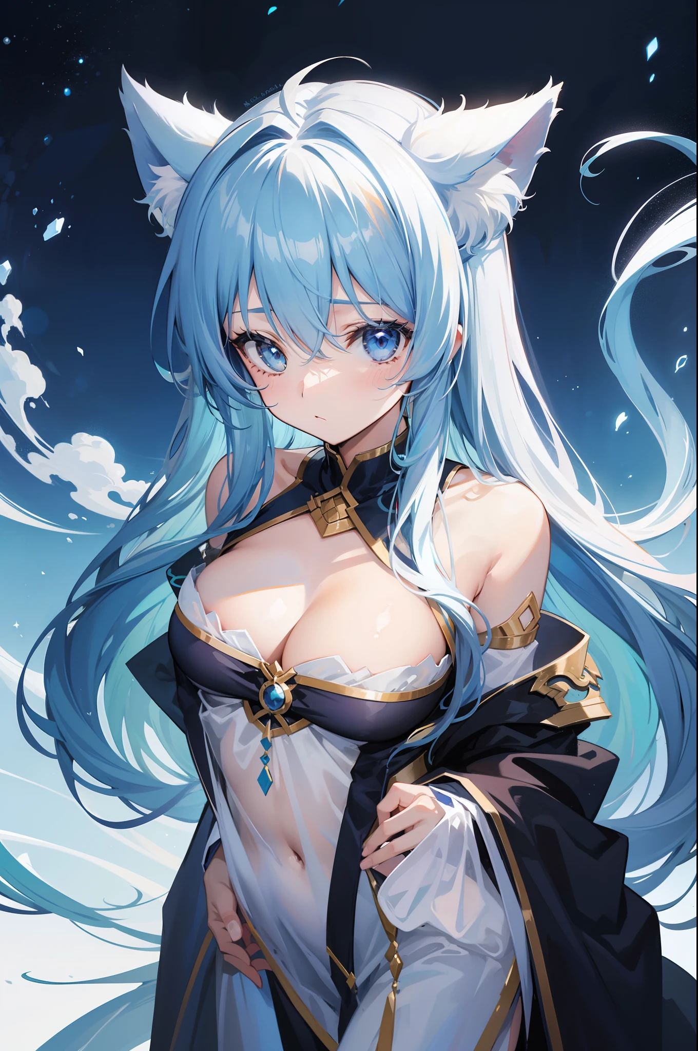 a shy adult female cosmic druid with long flowing blue gradient hair, neko, has cat ears