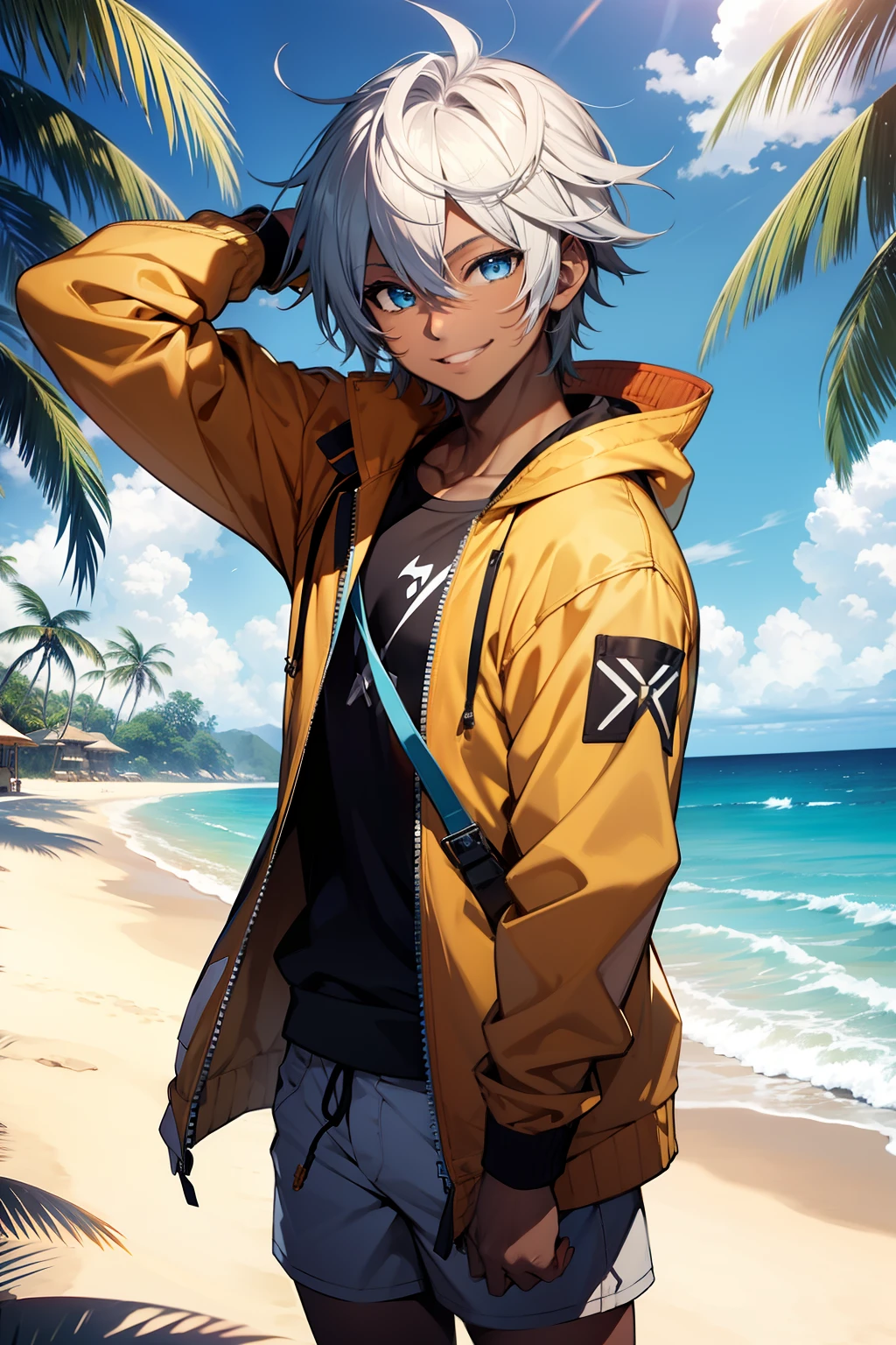 young boy, black skin, blue eyes, white hair, smiling, X tidus final fantasy clothes, yellow jacket, blue beach shorts, on a beach, resort, wooden resort, 4k,