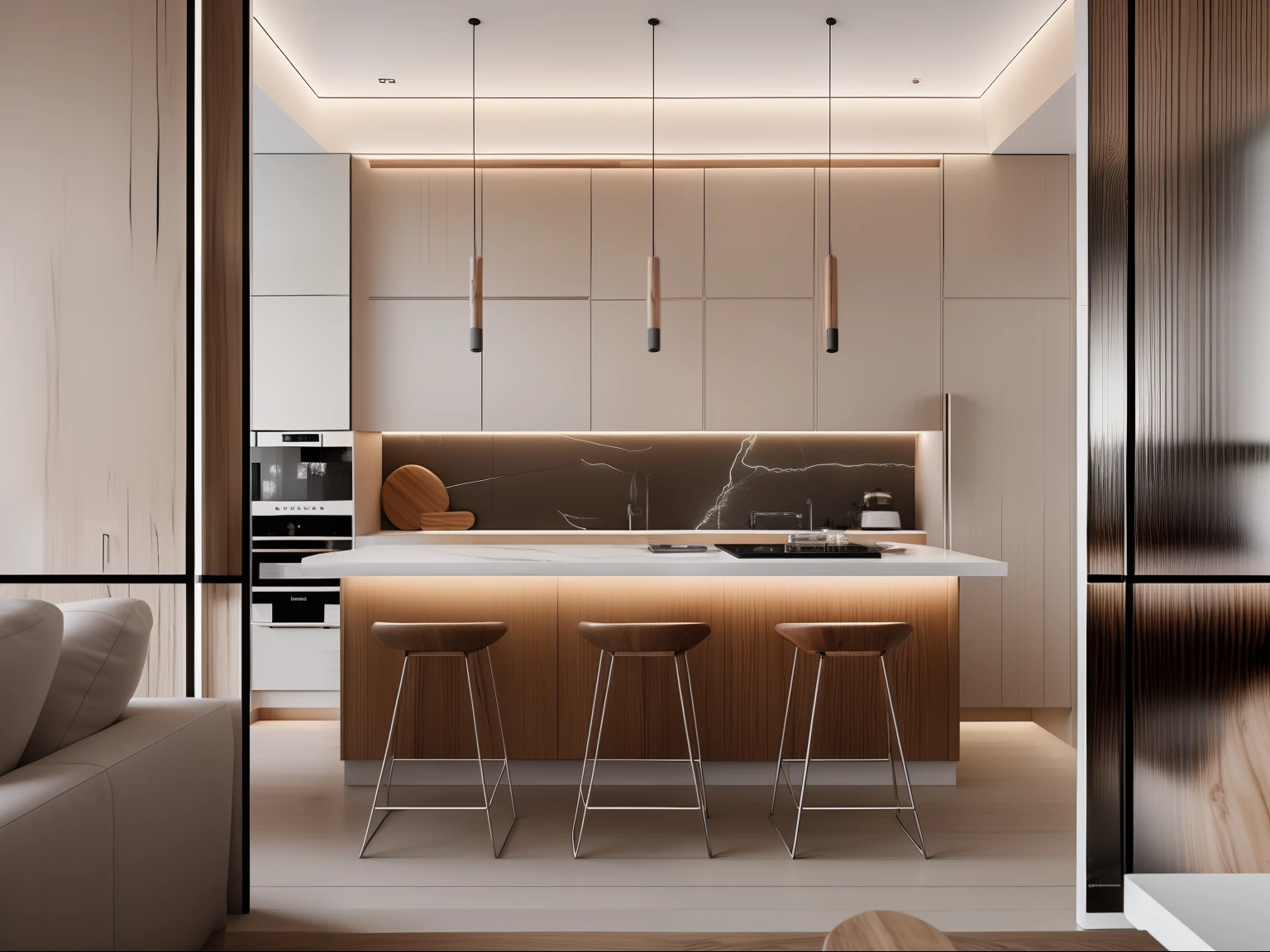 Masterpiece, high quality, best quality, authentic, super detail, interior,raw photo,8k,The kitchen , the bar counter is wood-grain, with two glass doors push-pull , the kitchen is adorned with lightning-like patterned stone, beautiful accent LED lights, modern interior design, white sofa
