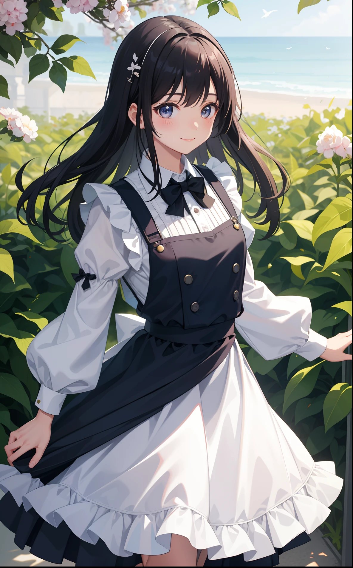 1girl in、AS-Adult、A smile、A delightful! The shirt、skirt by the、(small tits)pinafore、doress、hair adornments、(Maids)、Spring breeze、