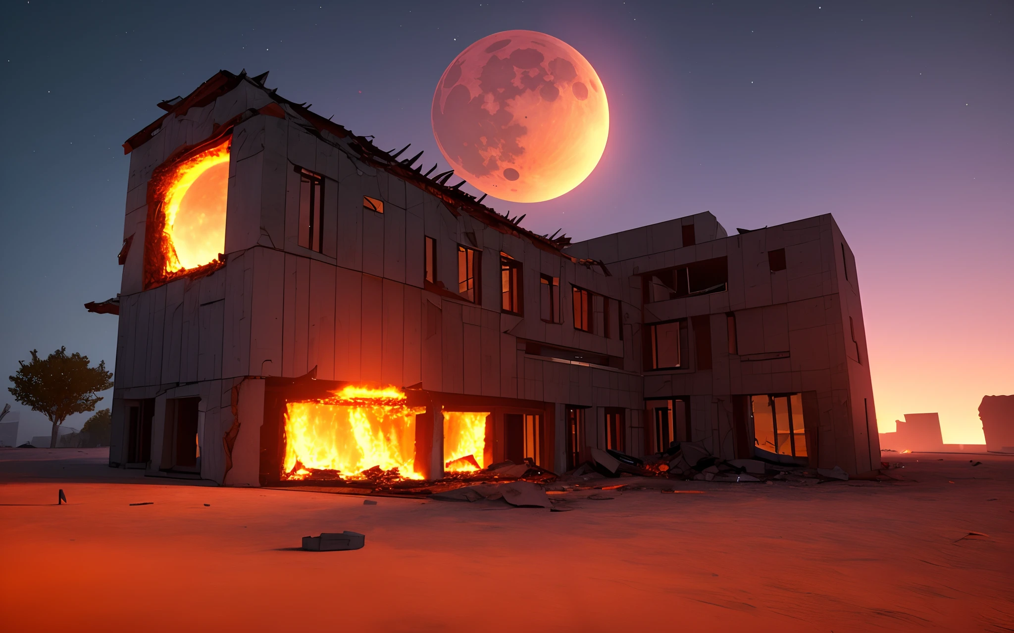 A 3d rendering , 8k resolutions , bloodmoon , collapsing buildings , on fire buildings , space portal