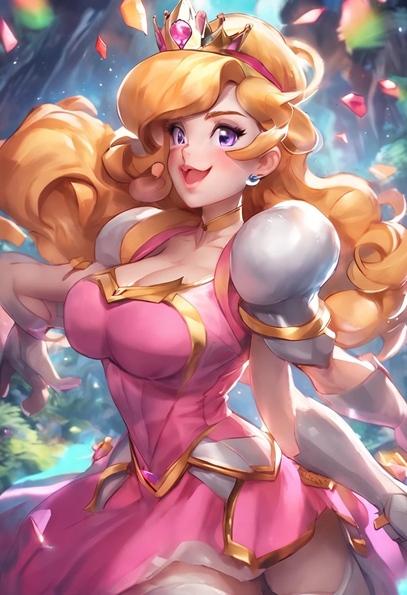 highres,masterpiece,perfect ligthing,bloom,cinematic lighting,adult,perfect skin,female,cowboy shot,smile,narrow waist,skinny,1980s /(style/),(((<lora:SnesBoxArtV1>))),(cover),(English text),(logo),<lora:PrincessPeachMovie:0.6>,(PrincessPeach),choker,detailled eyes,blue eyes,choker,sensual,mushrooms,mushroom kingdom,pink lips,((glossy lips)),pursed lips,(box art),pink pumps,glossy skin,oily skin,beautiful light,(day:1.3),bright,looking at viewer,<lora:CrystallineAI-000009:1>,crystallineAI dress,